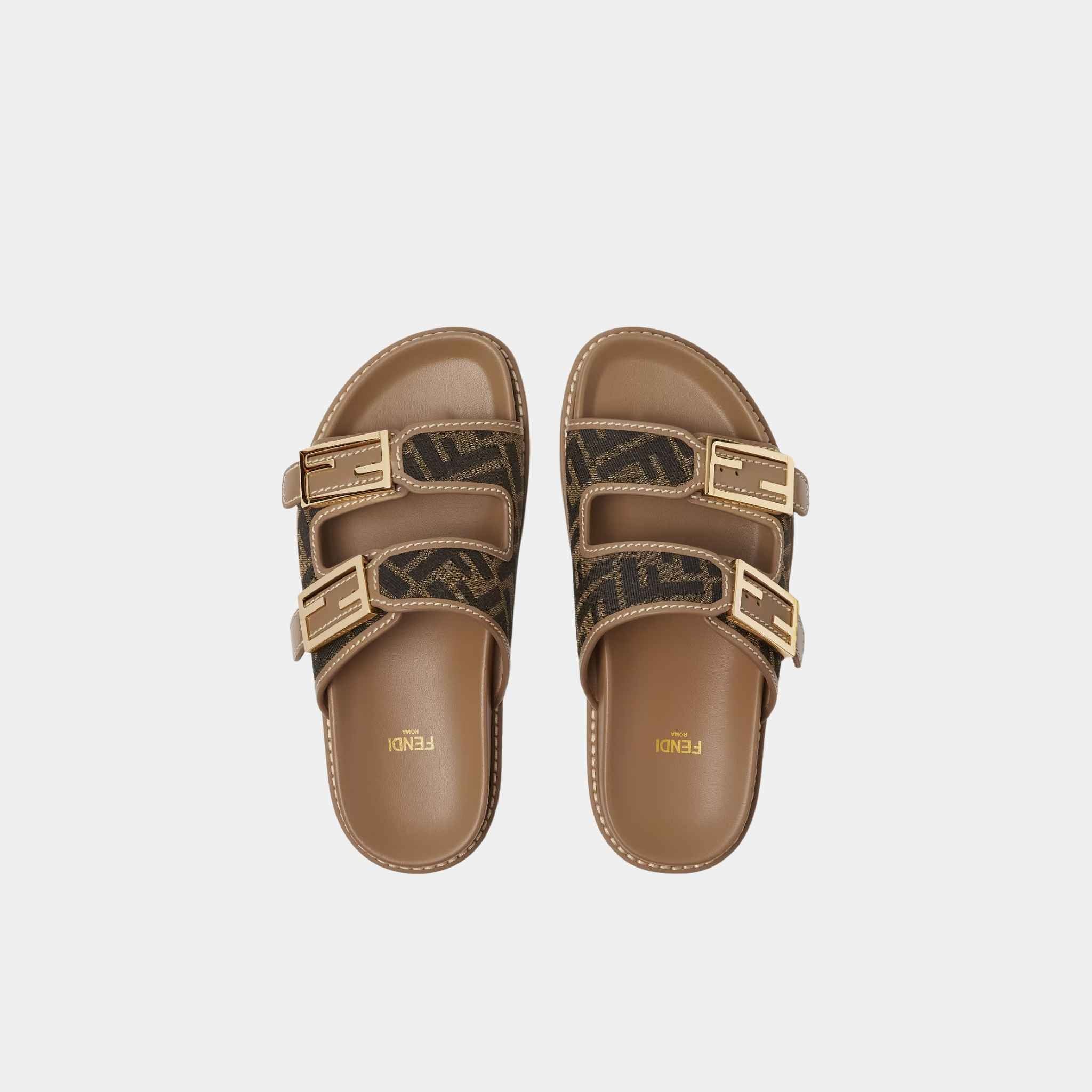 Fendi Feel FF Fabric Double-Band Slides, Brown, Top