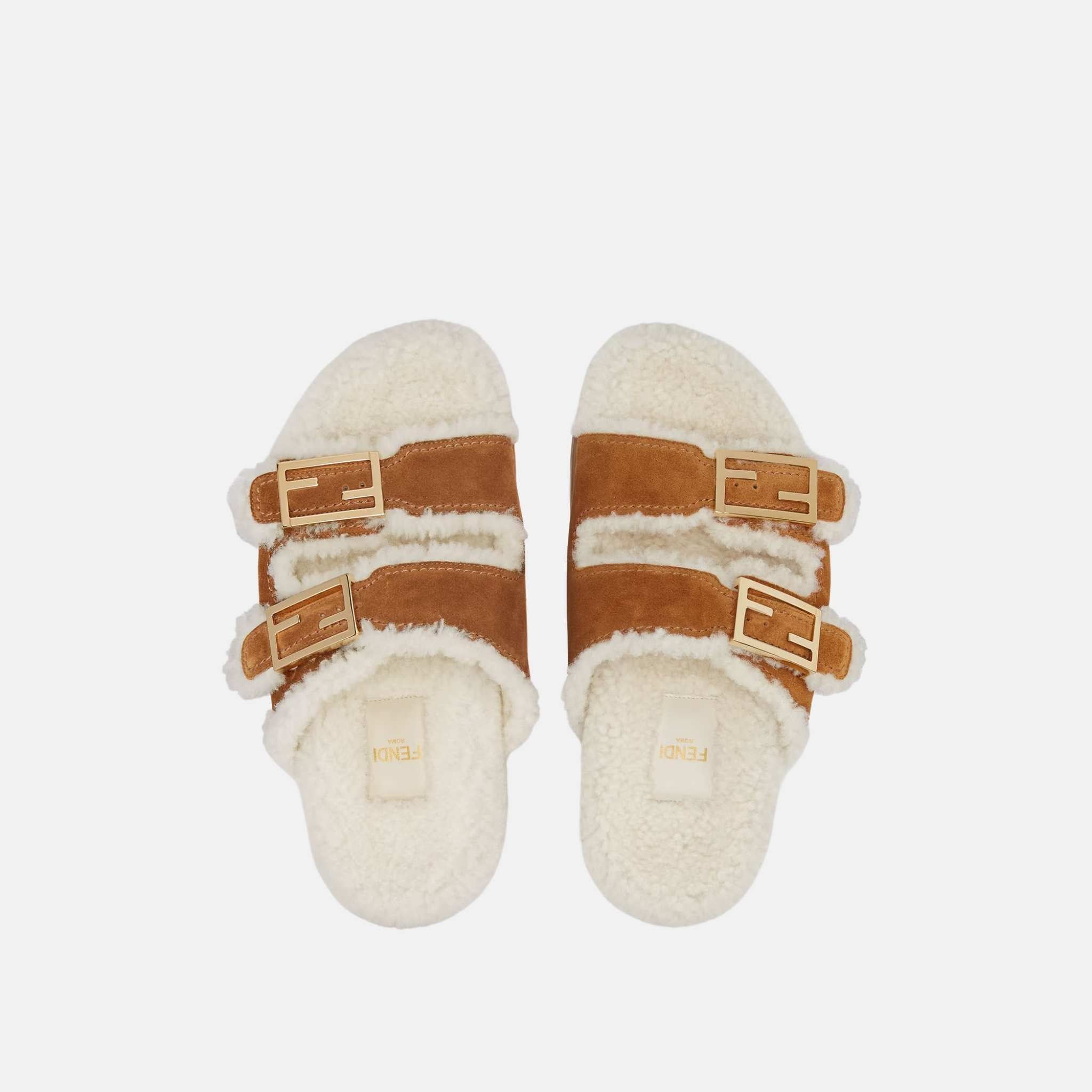 Fendi Feel Slides In Brown Sheepskin, Top