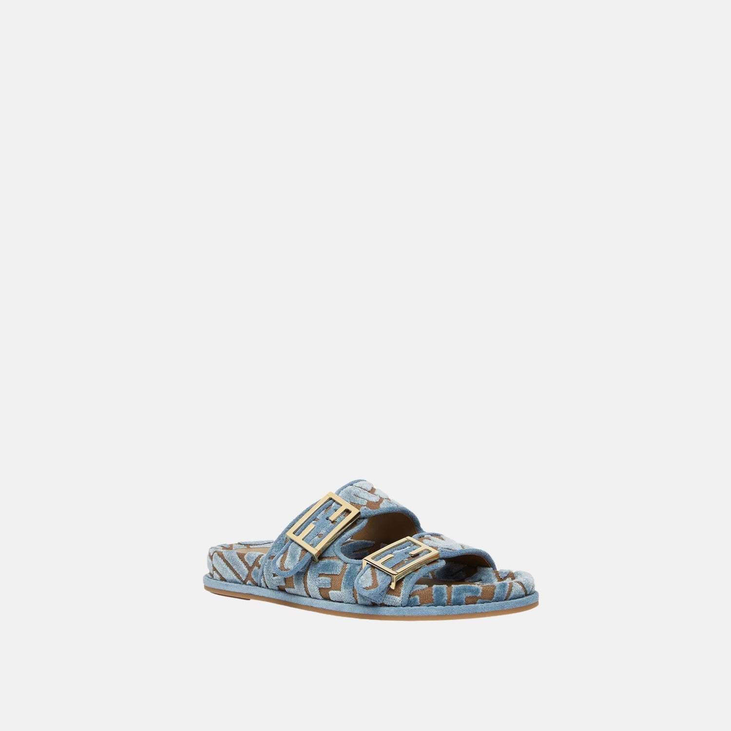 Fendi Feel Slides In FF Jacquard Velvet, Blue, Front