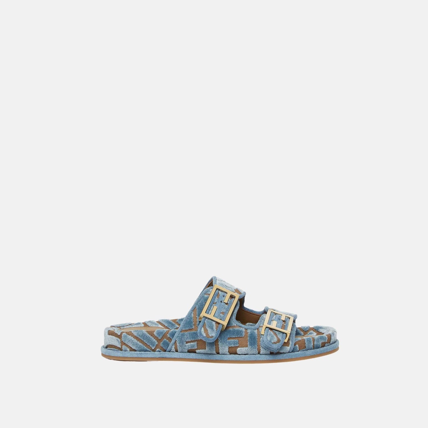 Fendi Feel Slides In FF Jacquard Velvet, Blue, Side