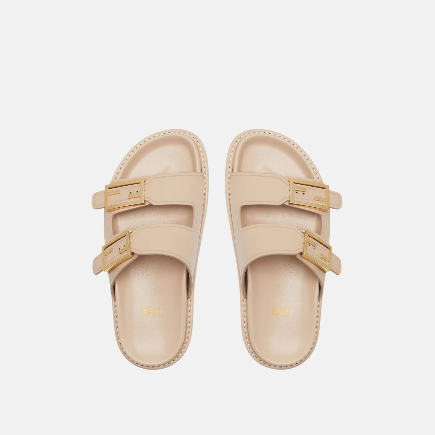 Fendi Feel Slides In Leather, Beige, Top