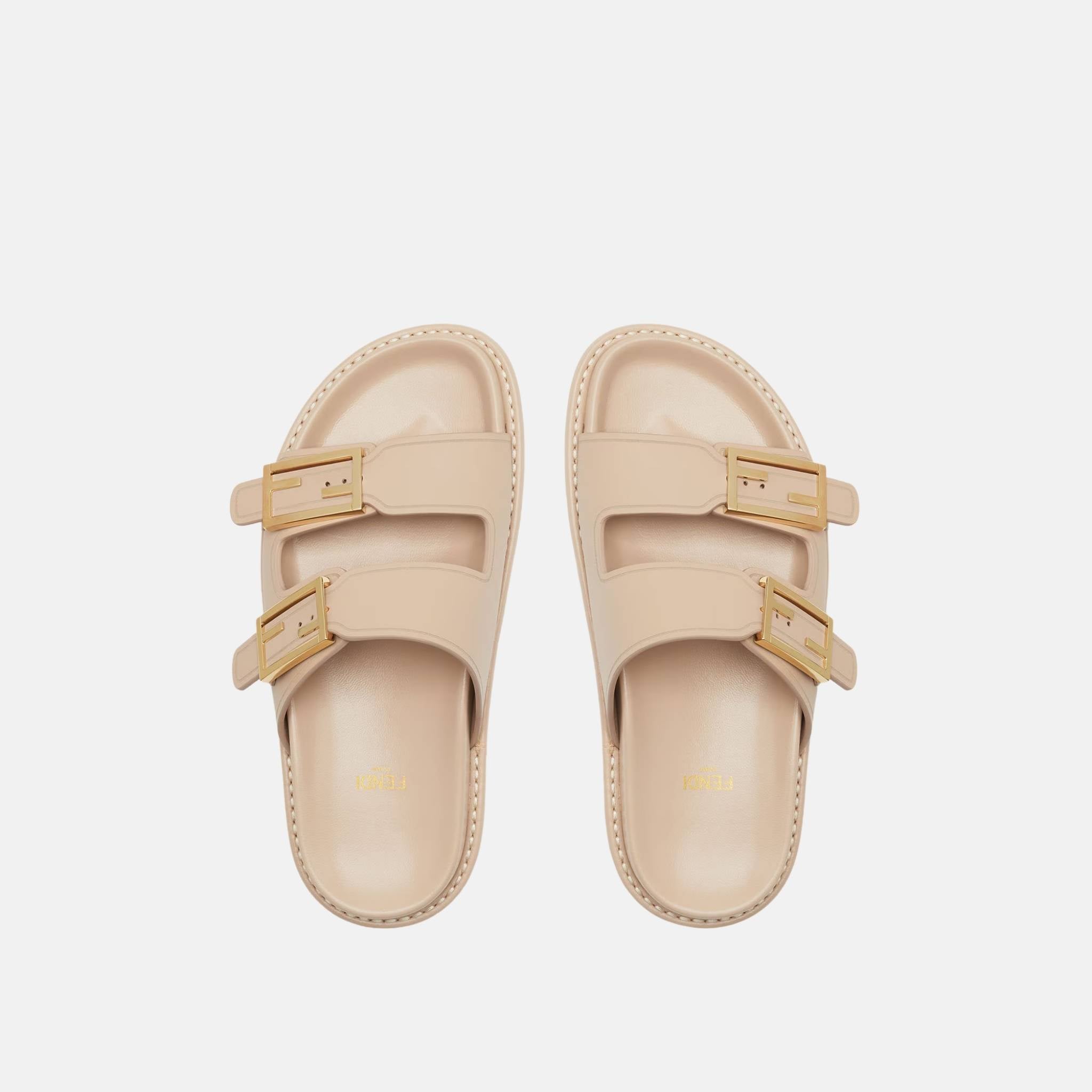 Fendi Feel Slides In Leather, Beige, Top