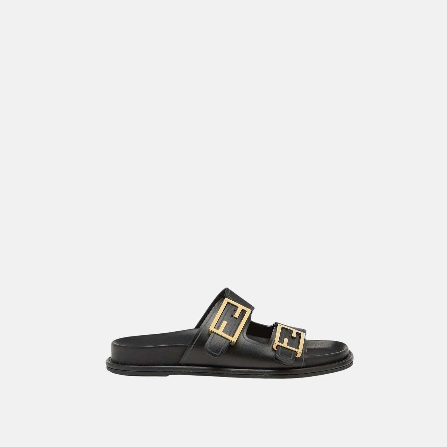 Fendi Feel Slides In Leather, Black, Front