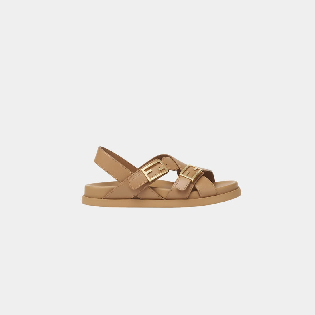 Fendi Feel Triple-Band Flat Cross-Over Leather Slides, Beige, Side