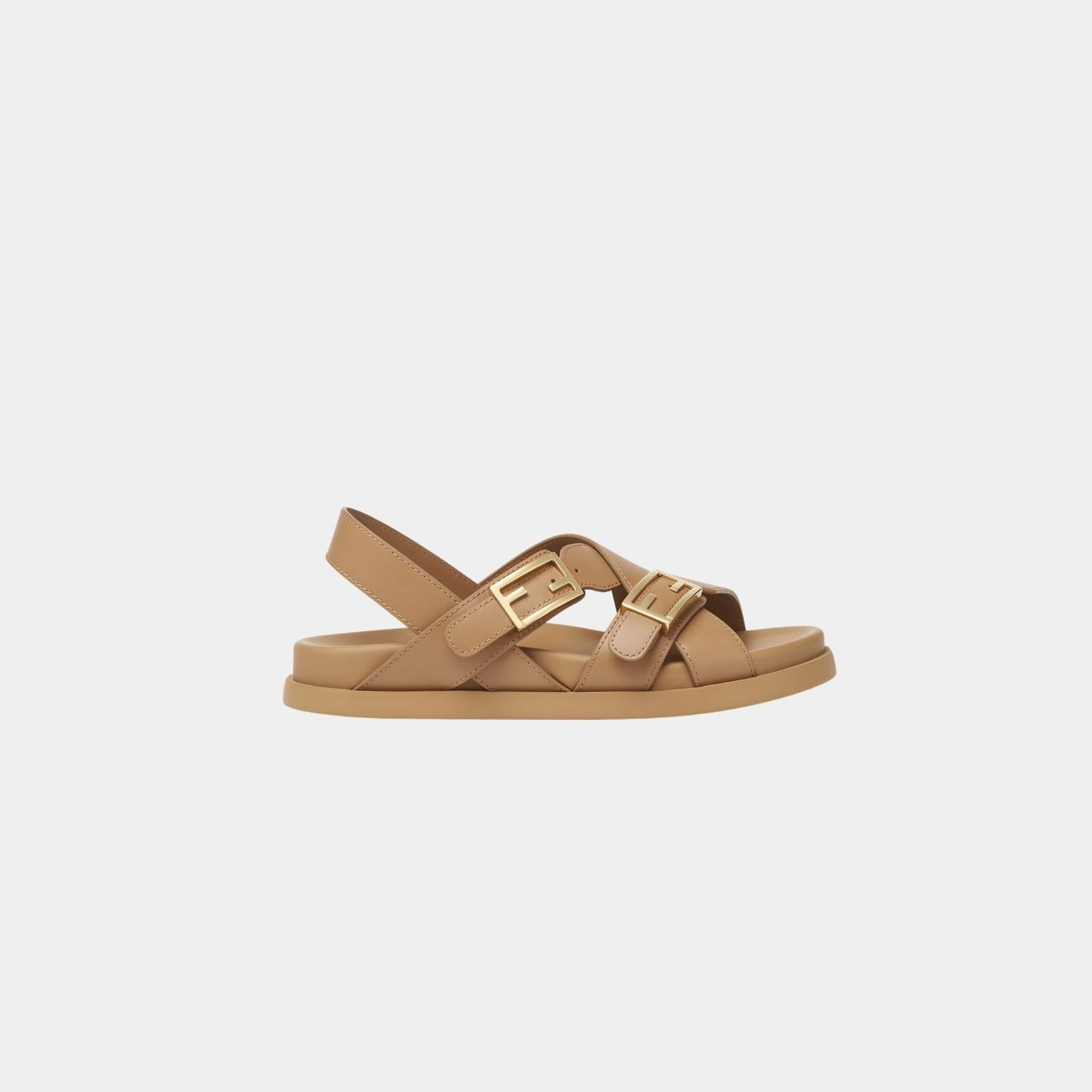 Fendi Feel Triple-Band Flat Cross-Over Leather Slides, Beige, Side