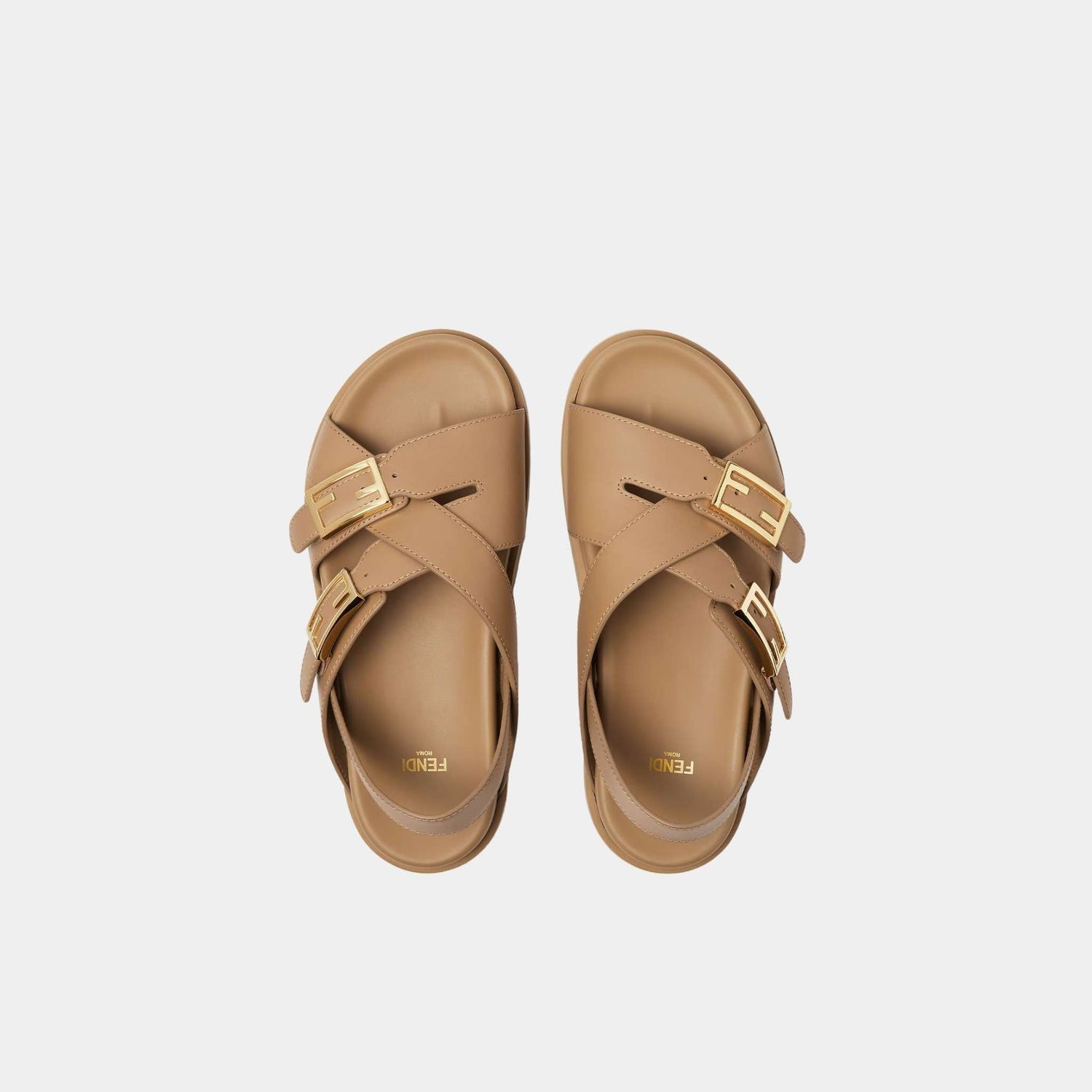 Fendi Feel Triple-Band Flat Cross-Over Leather Slides, Beige, Top