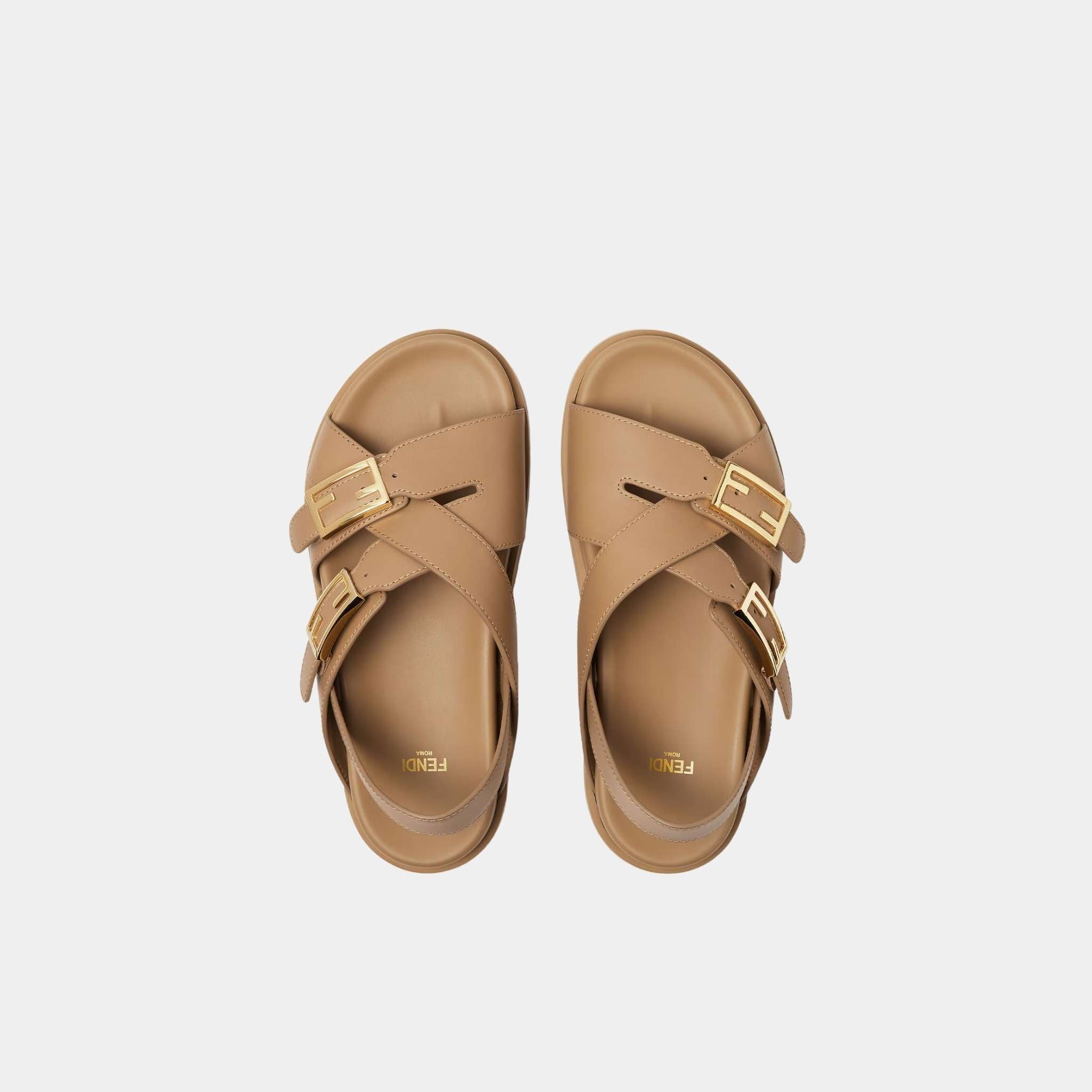 Fendi Feel Triple-Band Flat Cross-Over Leather Slides, Beige, Top