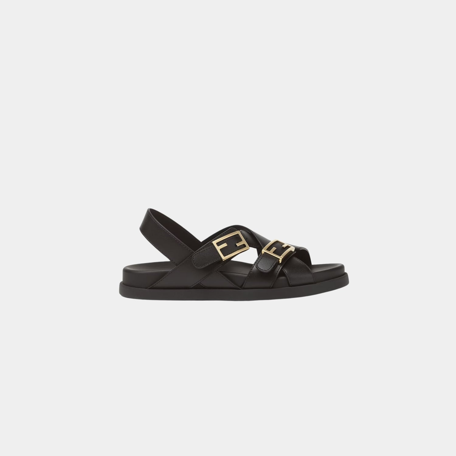 Fendi Feel Triple-Band Flat Cross-Over Leather Slides, Black, Side
