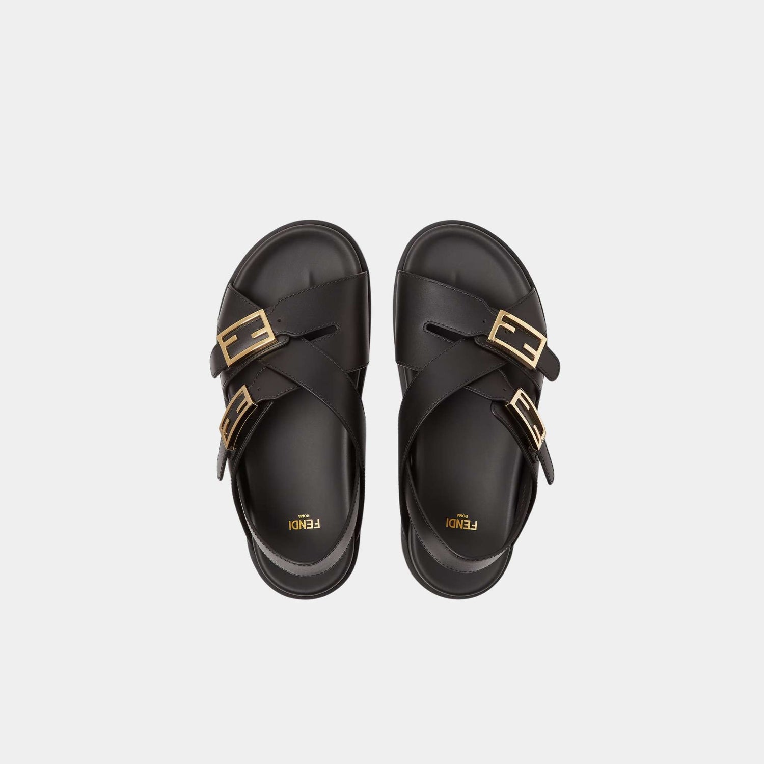 Fendi Feel Triple-Band Flat Cross-Over Leather Slides, Black, Top