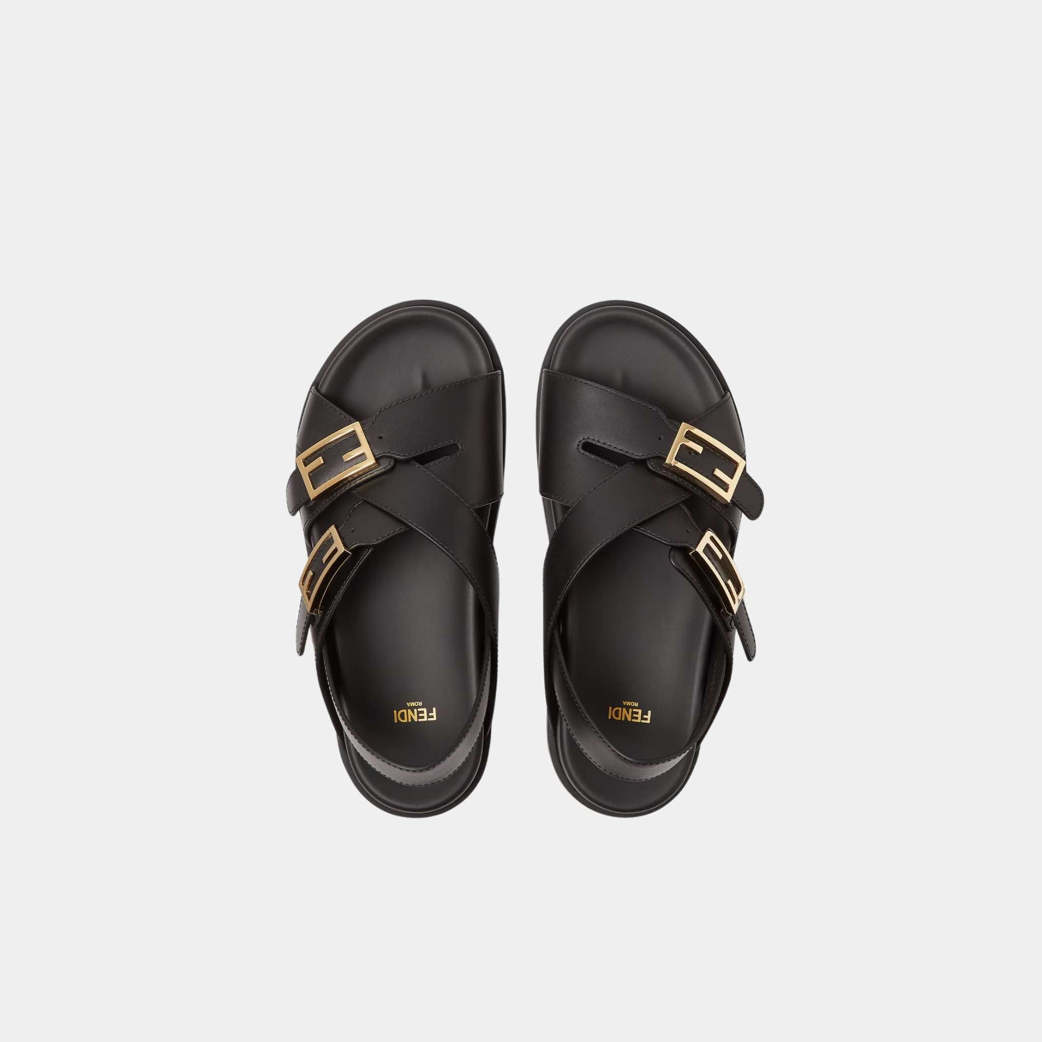 Fendi Feel Triple-Band Flat Cross-Over Leather Slides, Black, Top