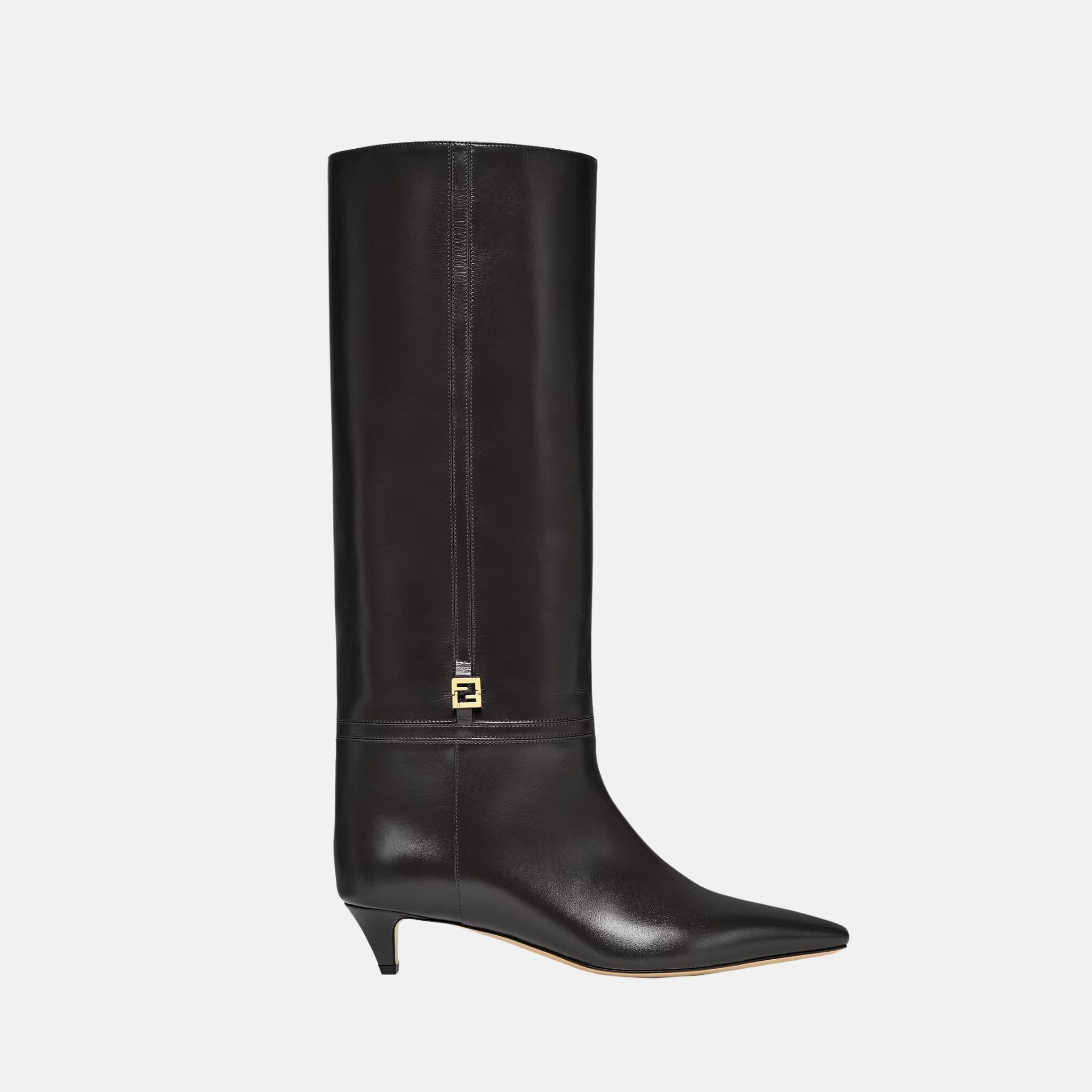 Fendi FFold Low Heeled Boots In Leather, Side, Black