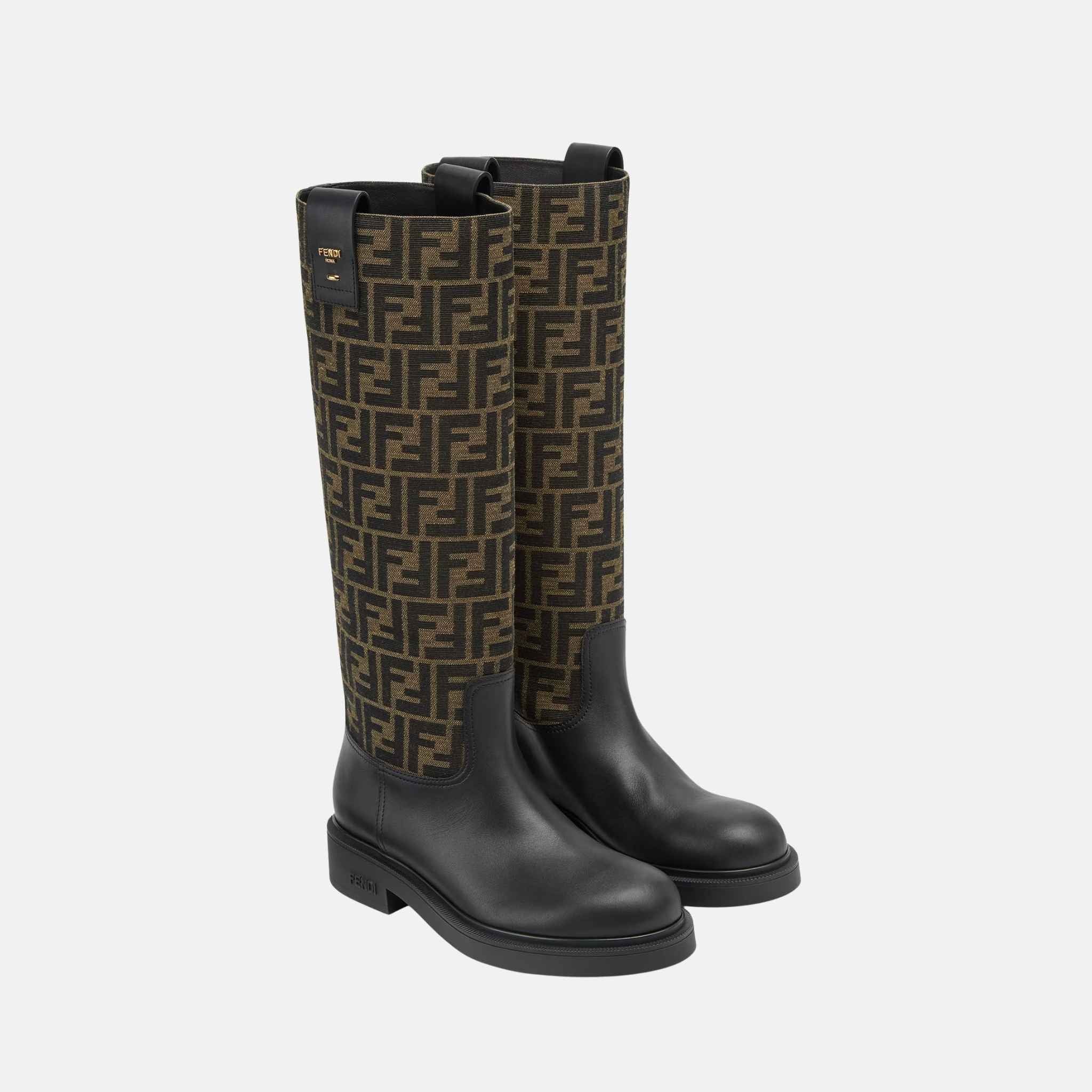 Fendi Filo Boots In Black Leather And Brown FF Fabric, Full