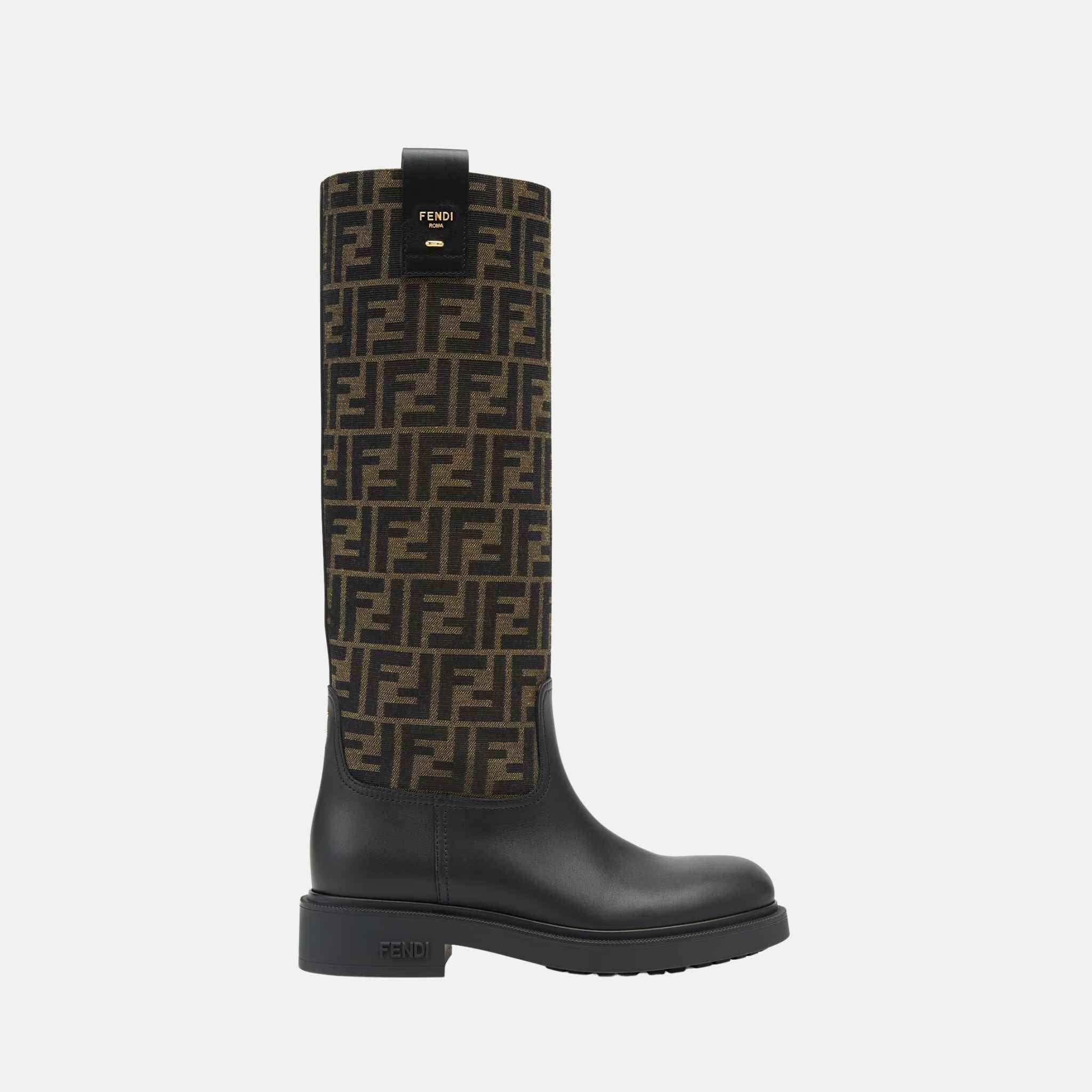 Fendi Filo Boots In Black Leather And Brown FF Fabric, Side