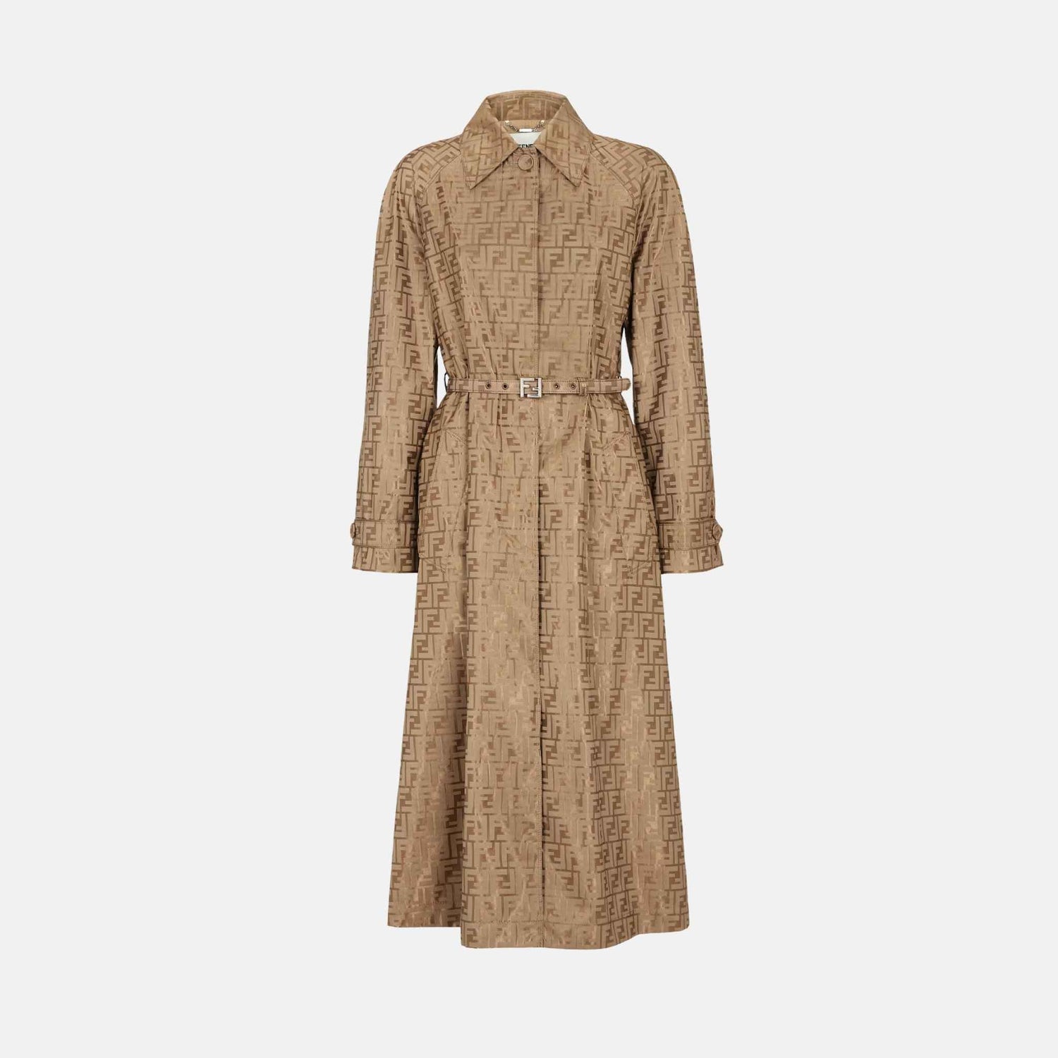 Fendi Overcoat In Beige FF Jacquard Fabric Trench, Front