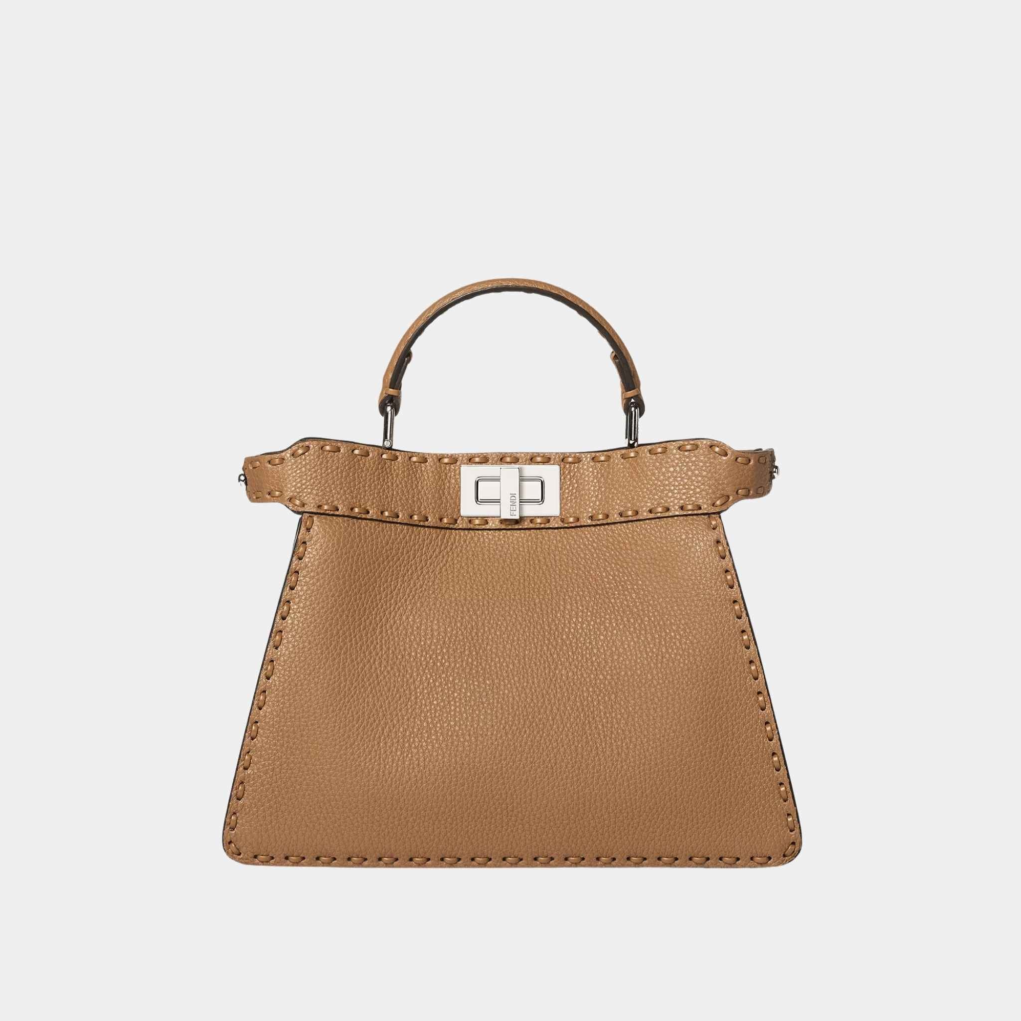 Fendi Peekaboo ISeeU Small Selleria Bag With 556 Hand-Sewn Stitches, Brown, Front