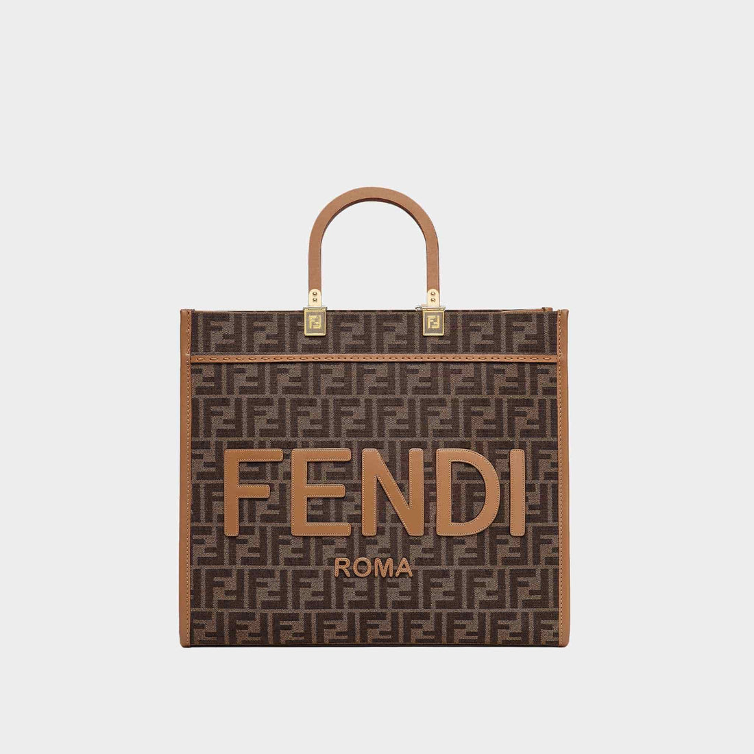 Fendi Sunshine Medium Brown FF Jacquard Fabric Shopping Bag, Front