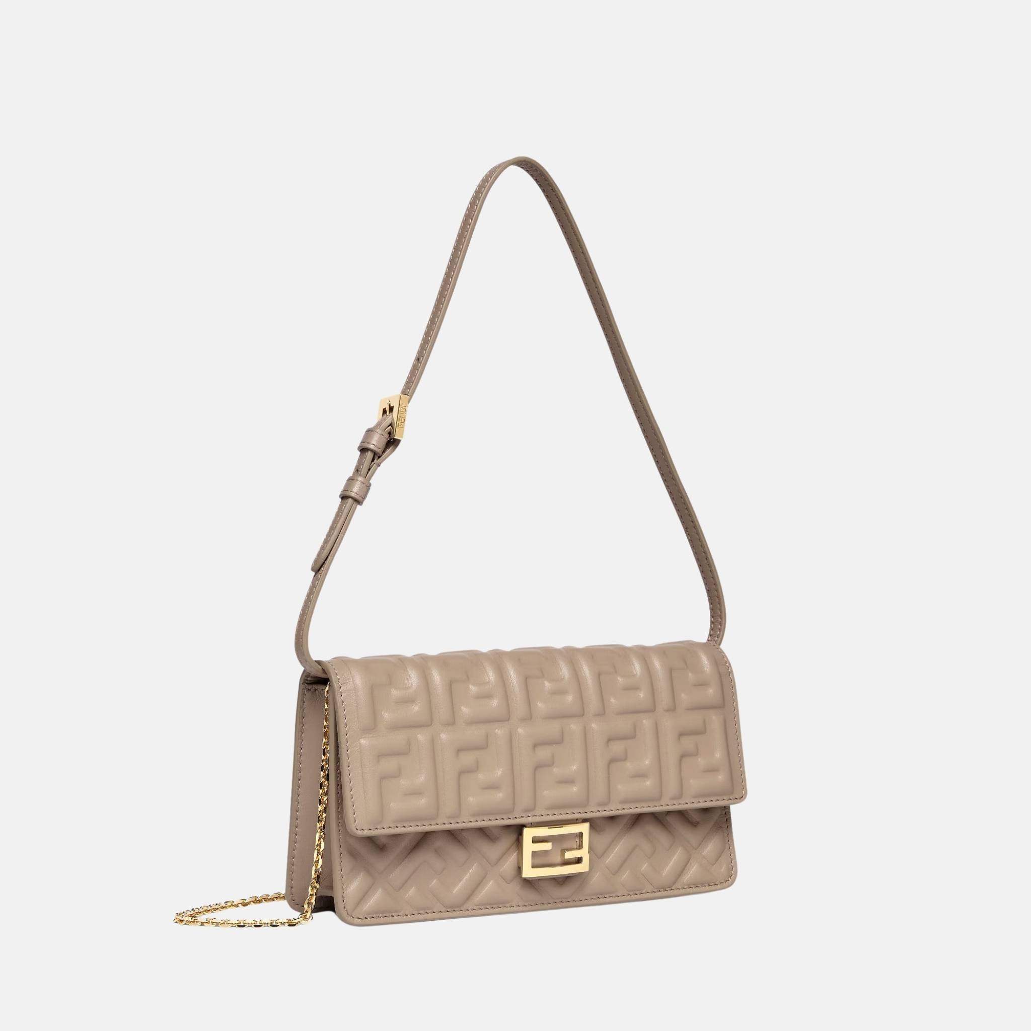 Fendi Wallet On Chain Baguette In Leather, Dove Grey, Side