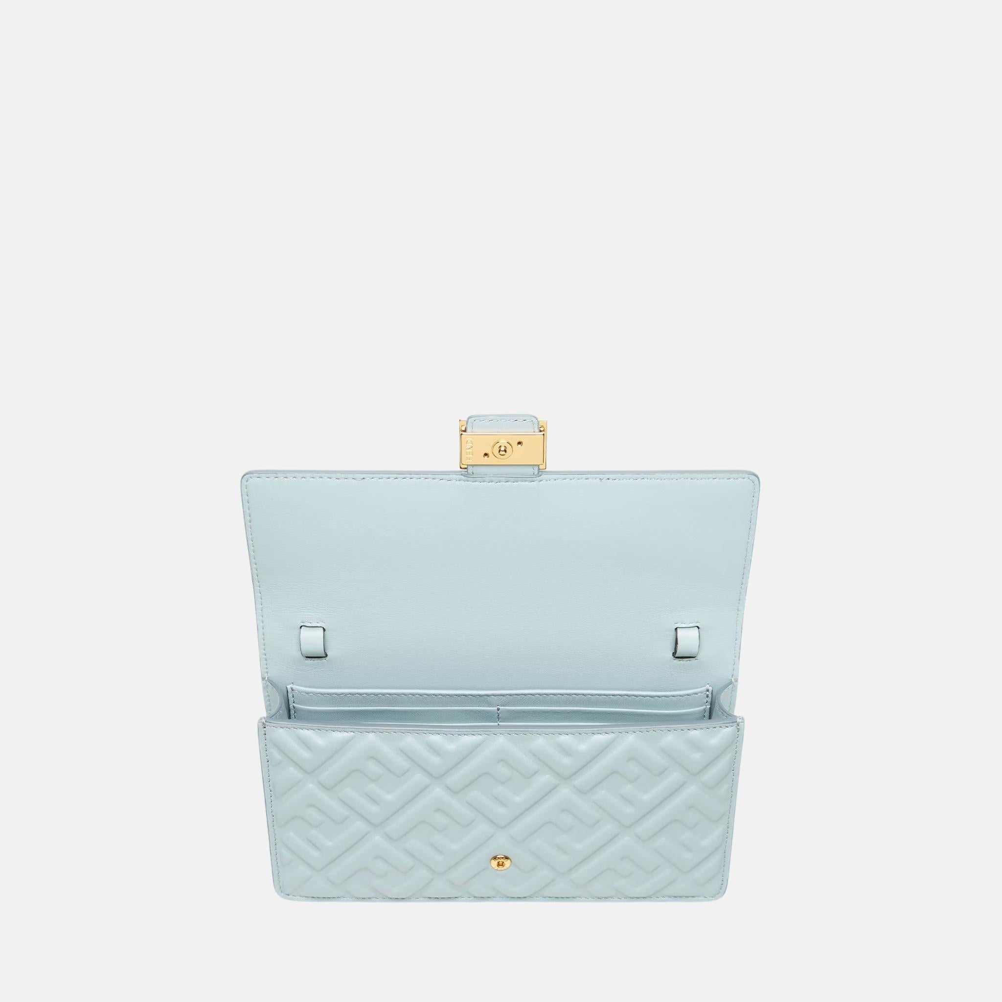 Fendi Wallet On Chain Baguette In Leather, Light Blue, Inside