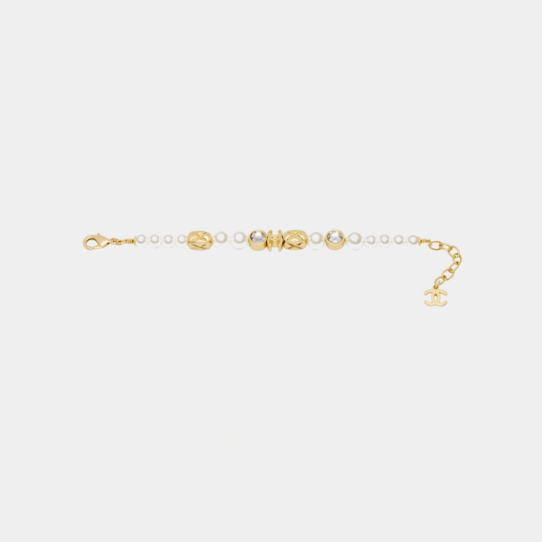 Chanel Gold Metal Pearl and Diamantes Bracelet with CC Charm, Front