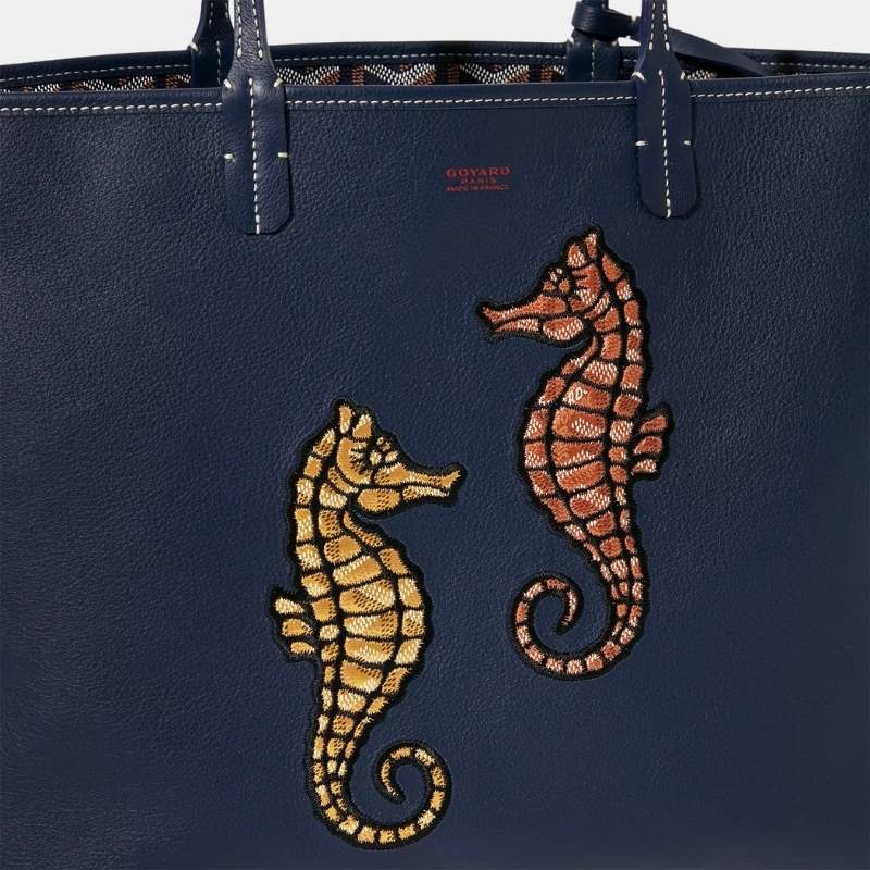 Goyard Anjou PM Seahorse Embroidery, Navy Blue, Close Up View