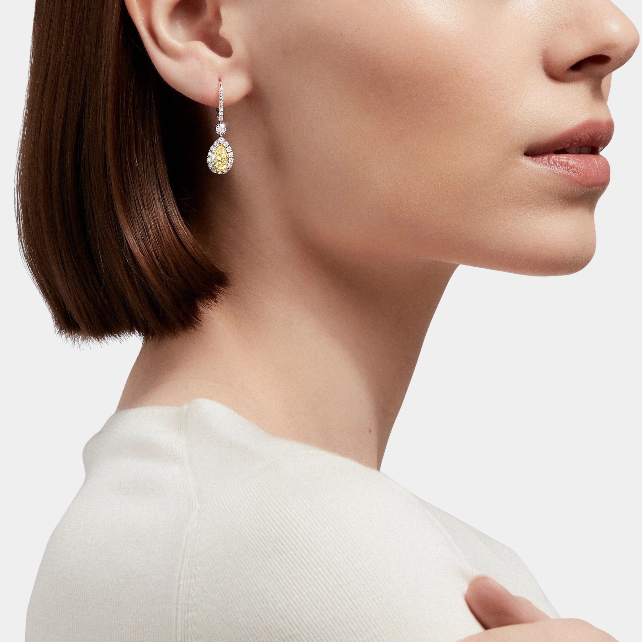 Graff Icon Pear Shape Yellow and White Diamond Earrings, Model