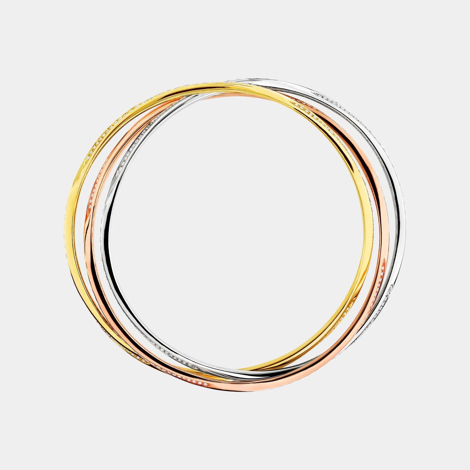 Graff Triple Spiral Pavé Diamond Bangle, White, Rose and Yellow Gold, Side