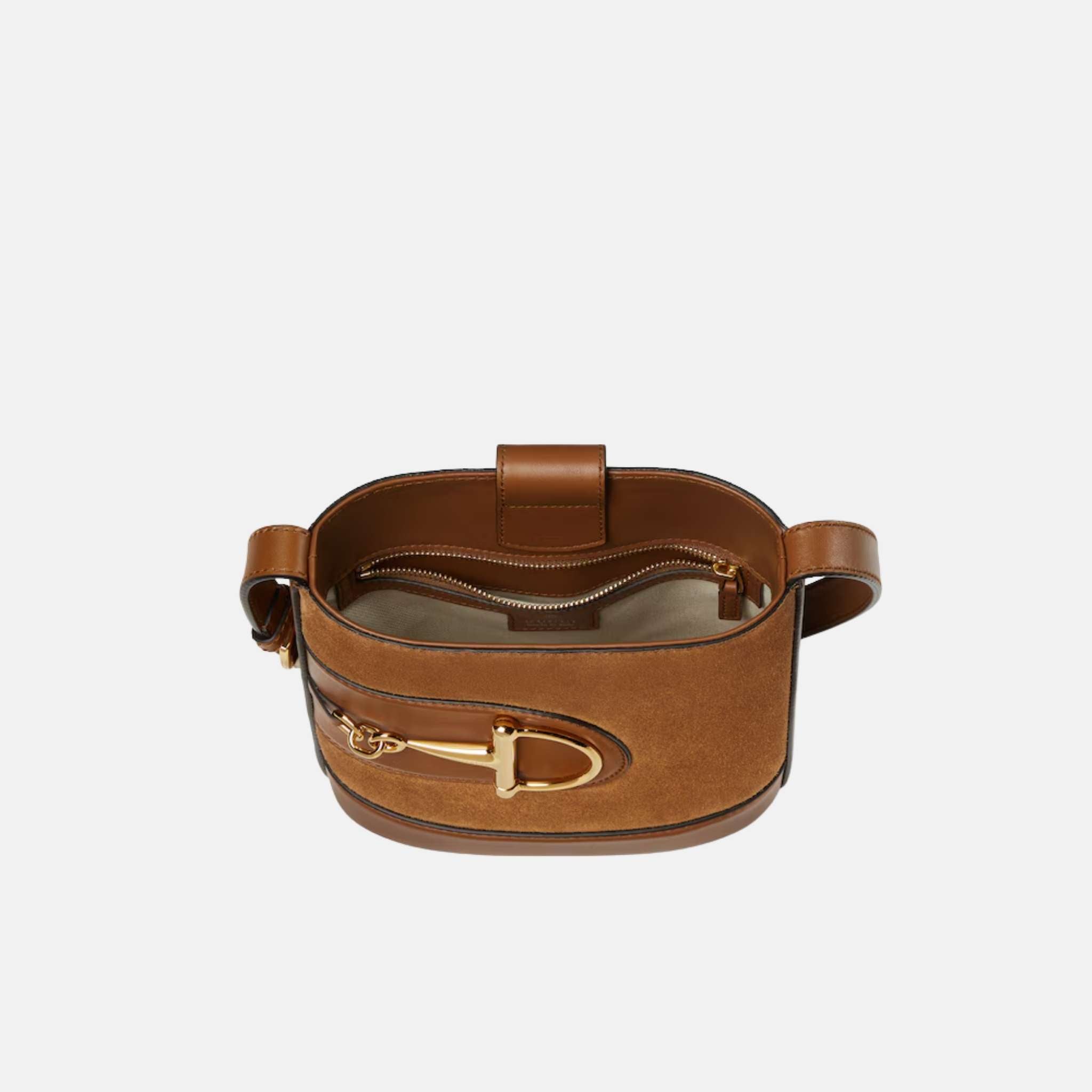 Gucci 73 Small Bucket Bag In Smooth Leather, Brown Suede, Inside