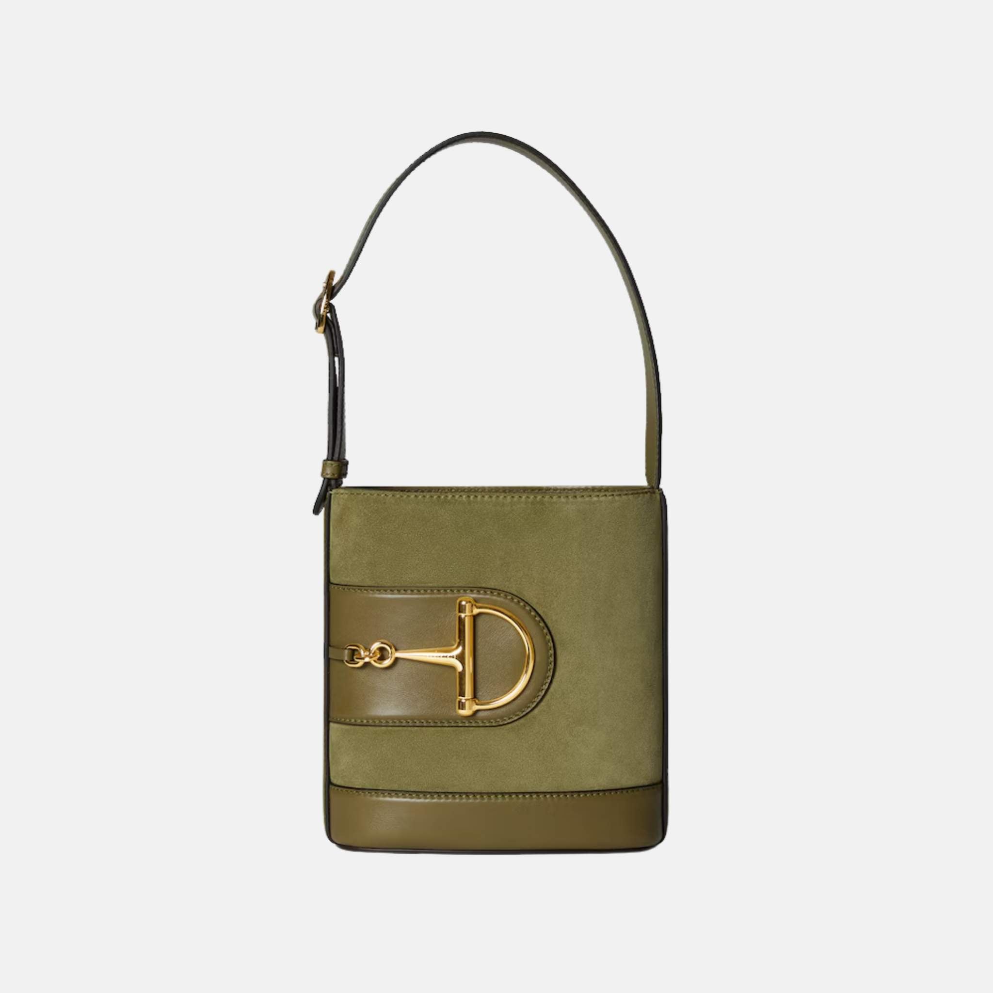 Gucci 73 Small Bucket Bag In Smooth Leather, Green Suede, Front