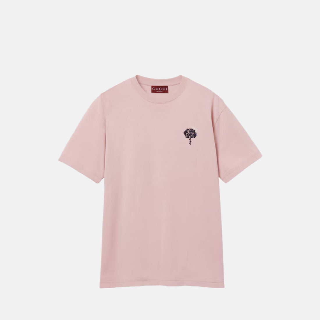 Gucci Cotton Jersey T Shirt With Gucci Flower Embroidery, Rose, Front