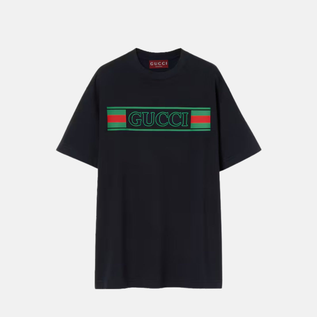 Gucci Cotton Jersey T Shirt With Web Banner Print, Navy, Front