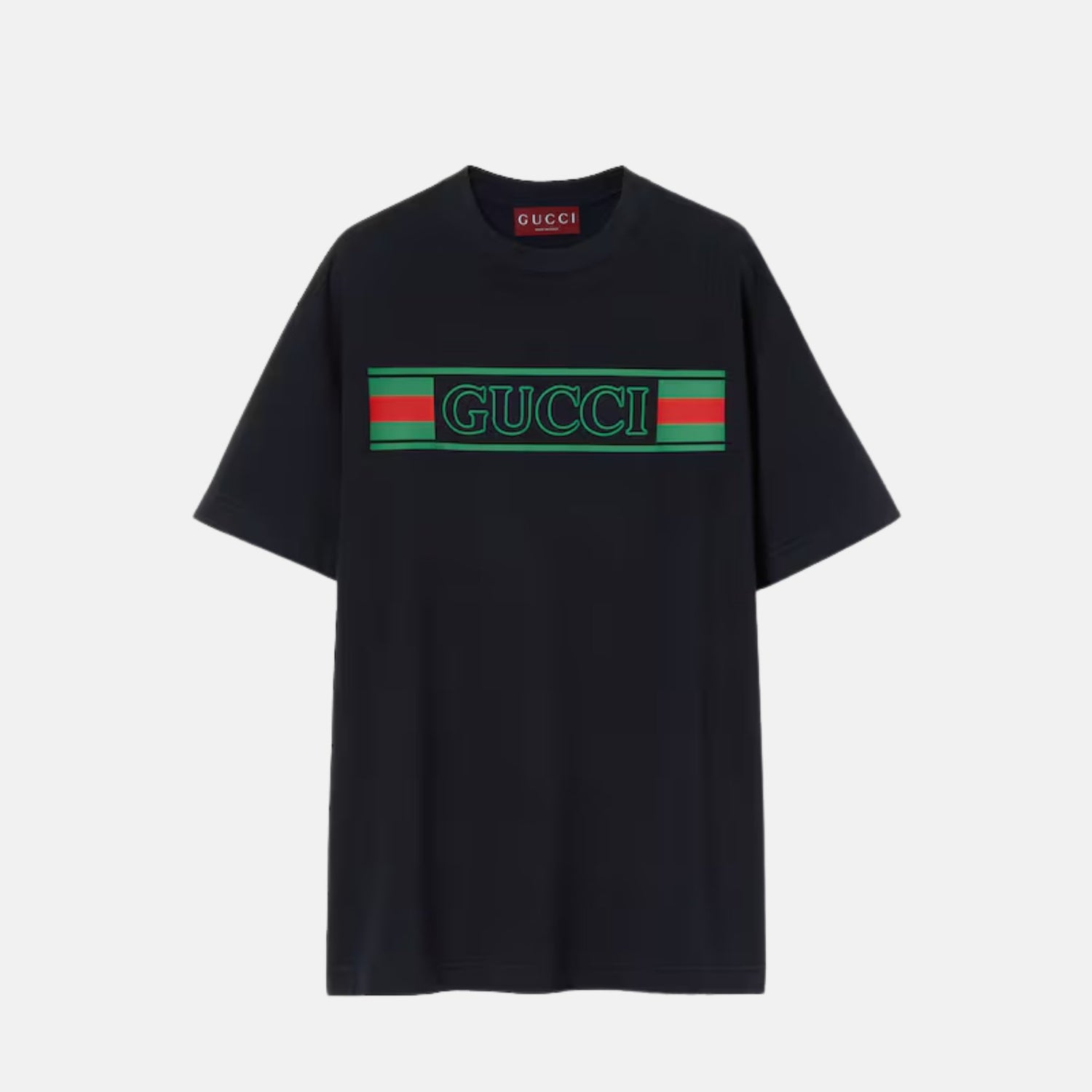 Gucci Cotton Jersey T Shirt With Web Banner Print, Navy, Front