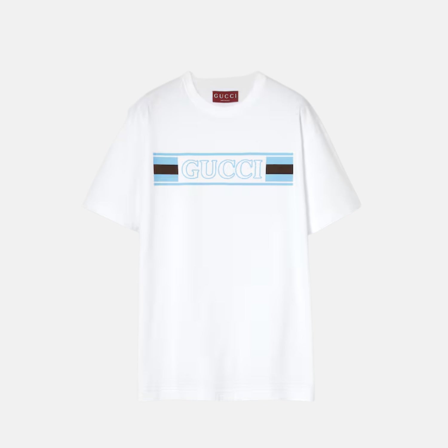 Gucci Cotton Jersey T Shirt With Web Banner Print, White, Front