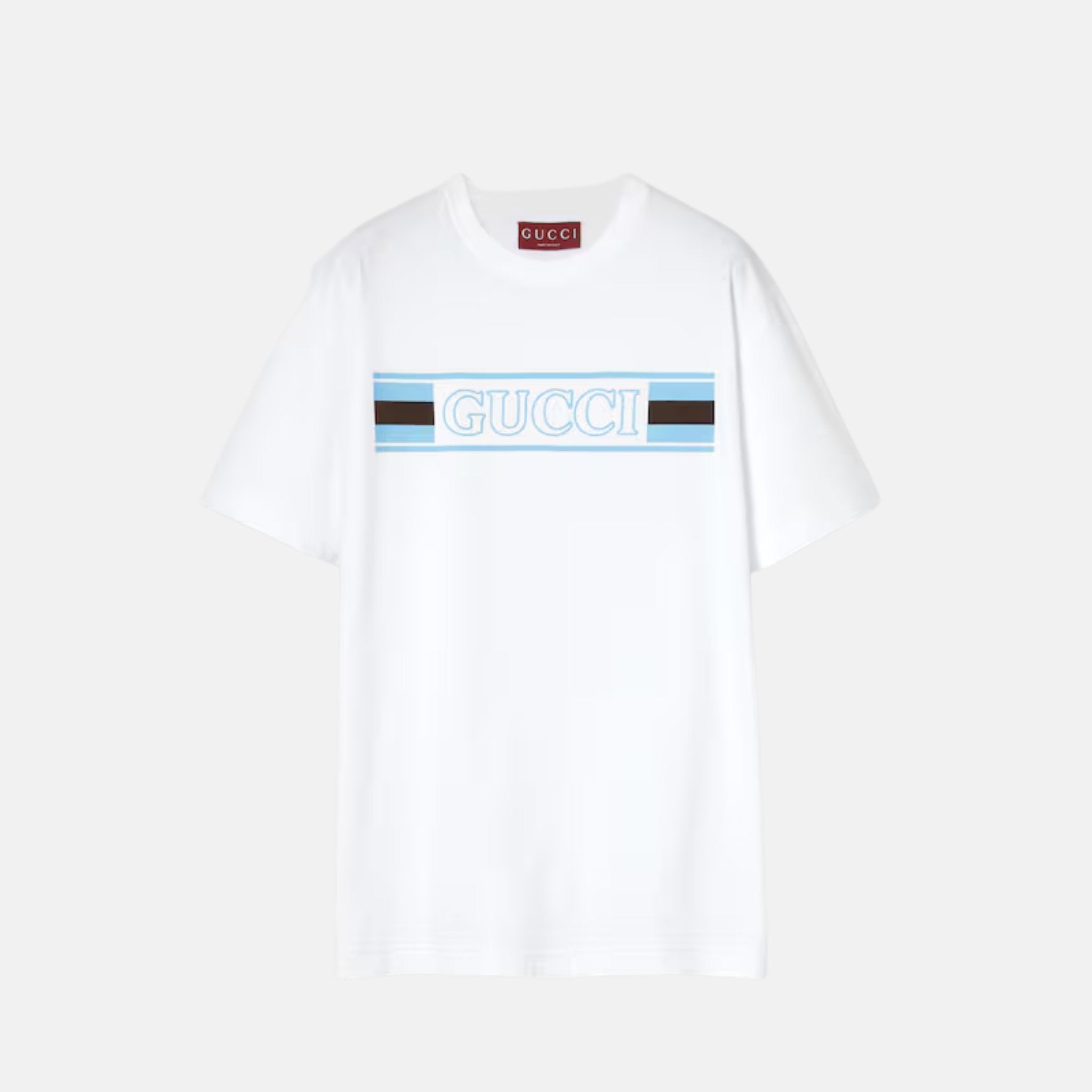 Gucci Cotton Jersey T Shirt With Web Banner Print, White, Front