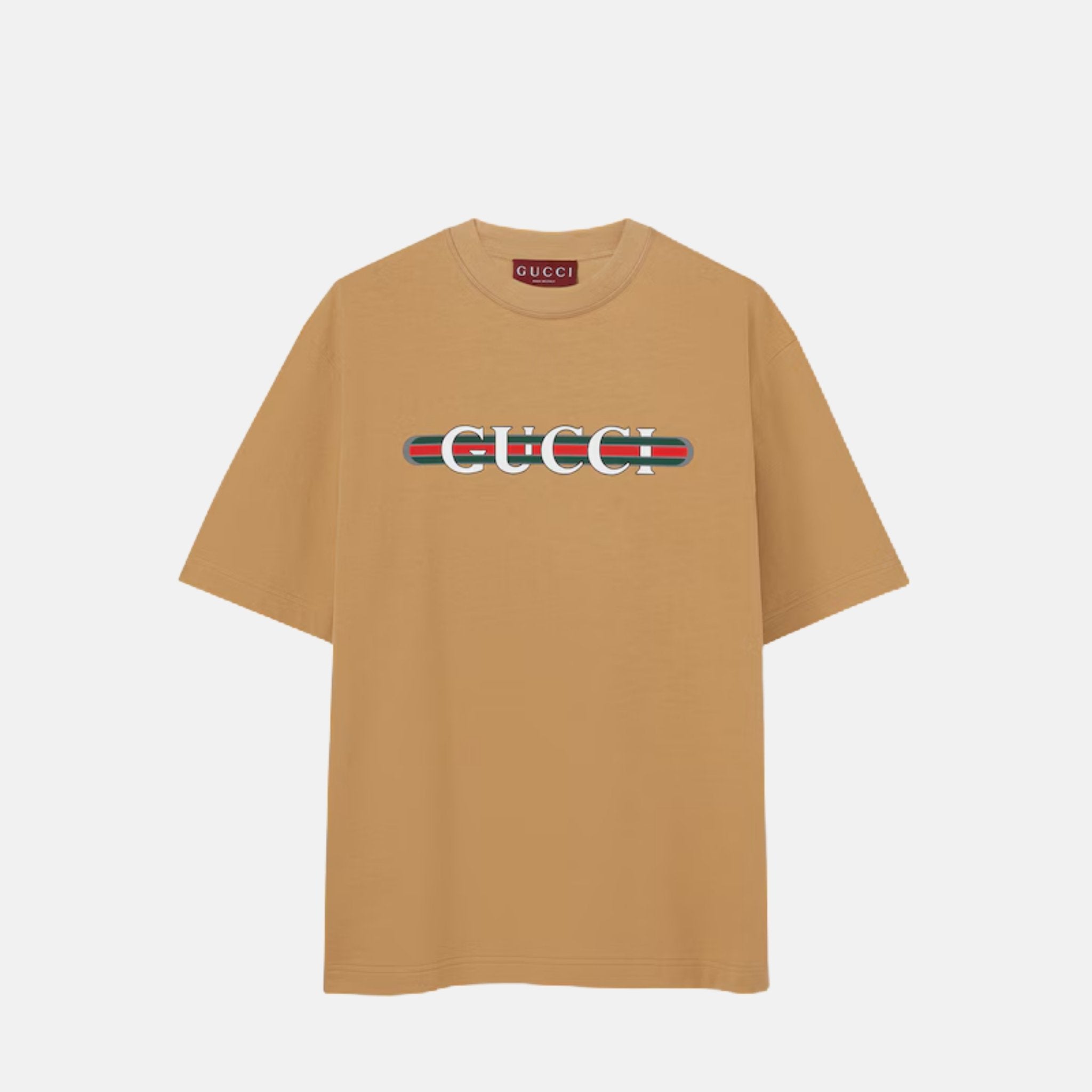 Gucci Cotton Jersey T Shirt With Web Print, Camel, Front