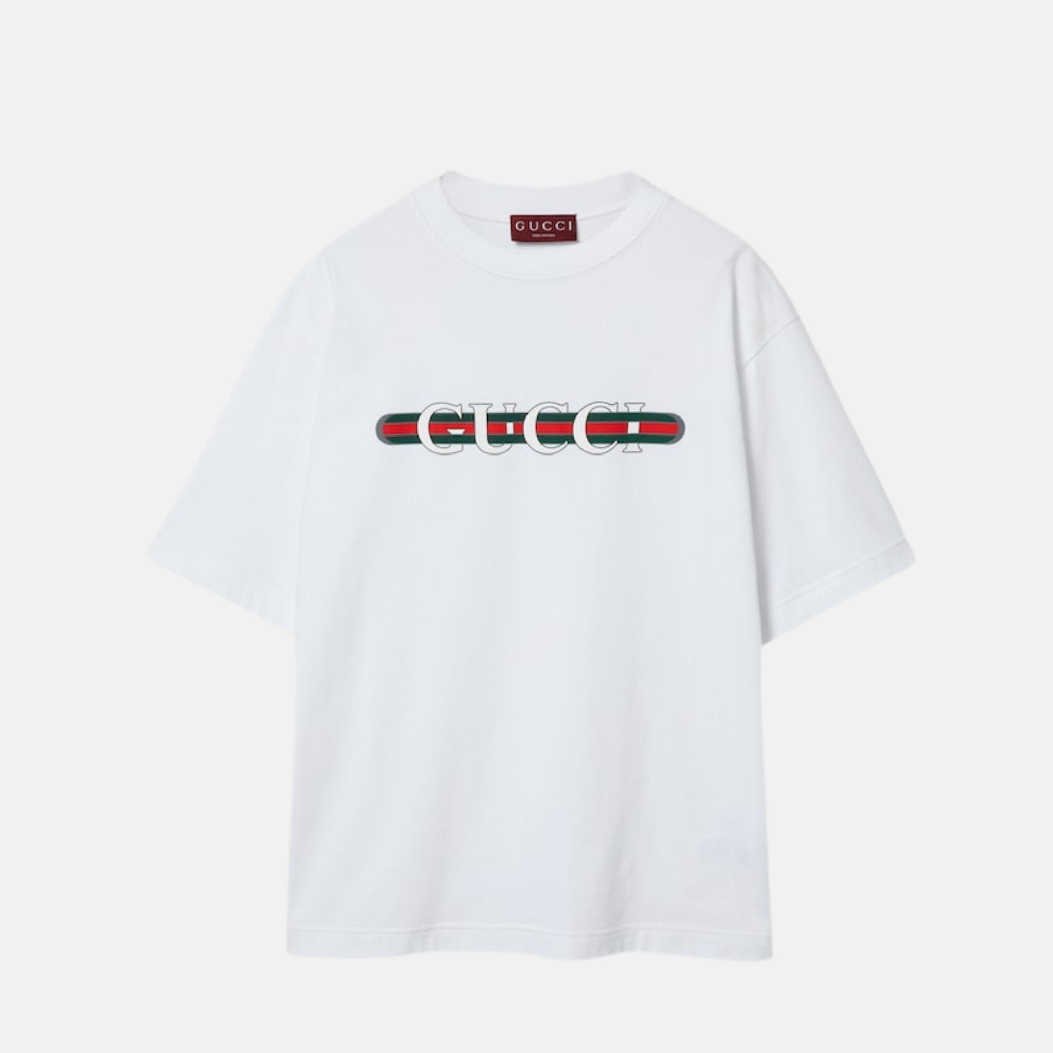 Gucci Cotton Jersey T Shirt With Web Print, White, Front