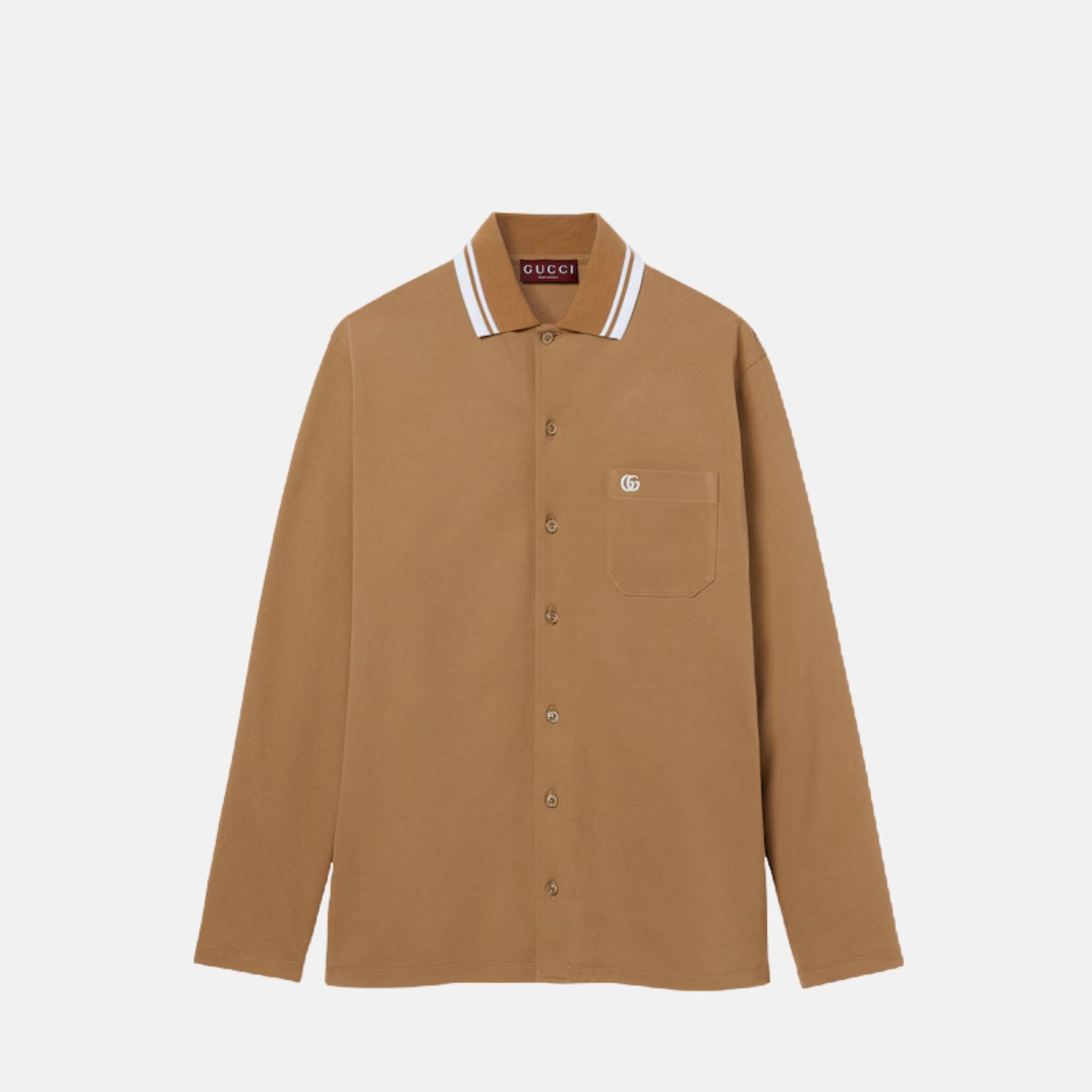 Gucci Cotton Piquet Polo Shirt With Embroidery, Camel, Front