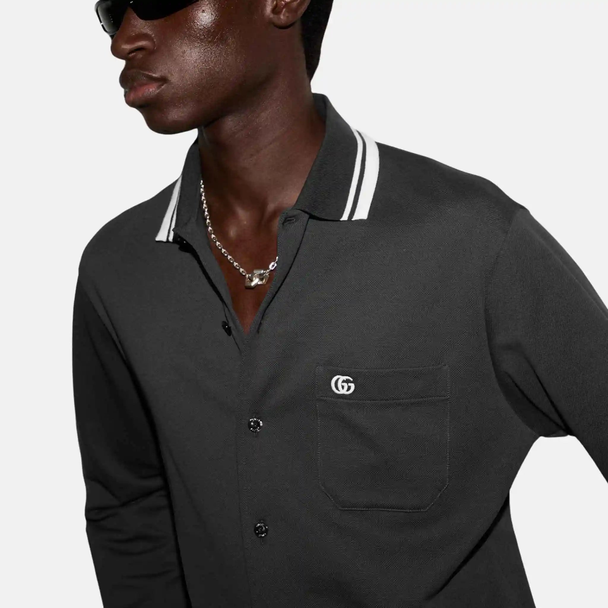 Gucci Cotton Piquet Polo Shirt With Embroidery, Grey, Close