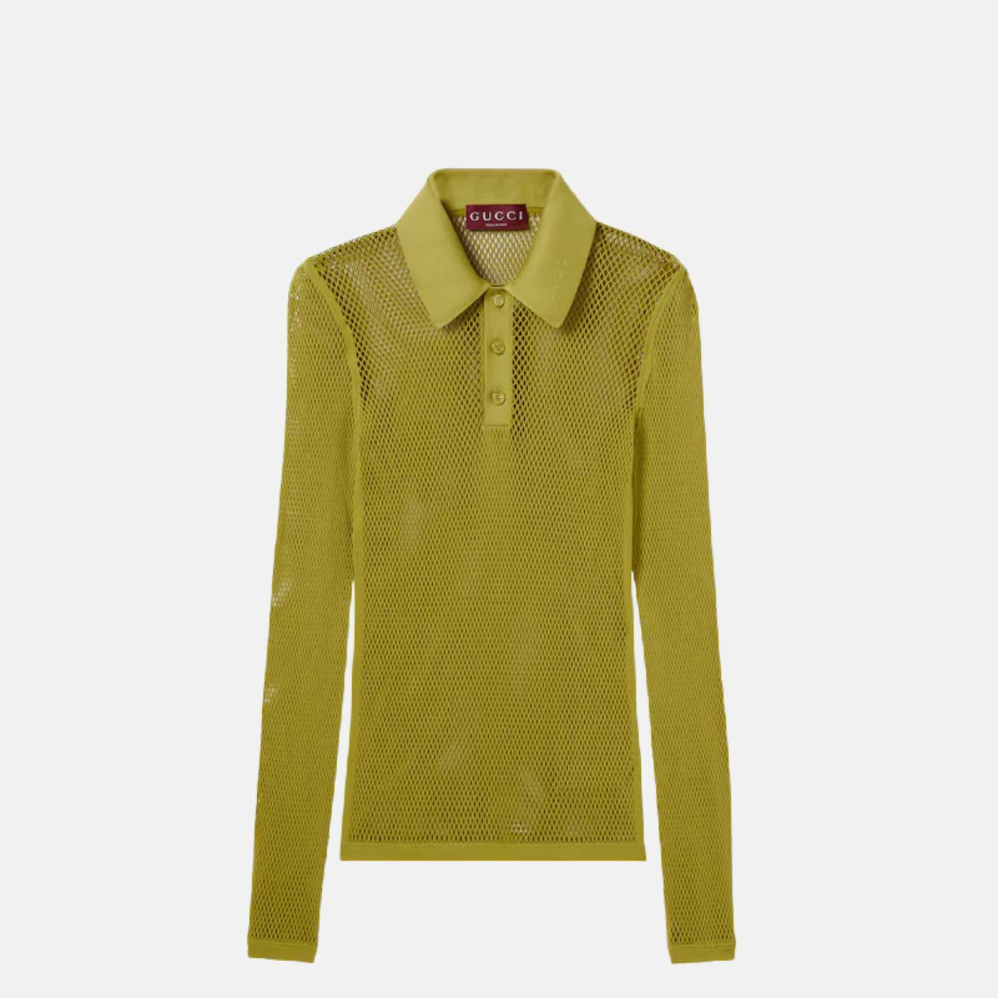 Gucci Embossed Technical Mesh Polo Top, Green, Front