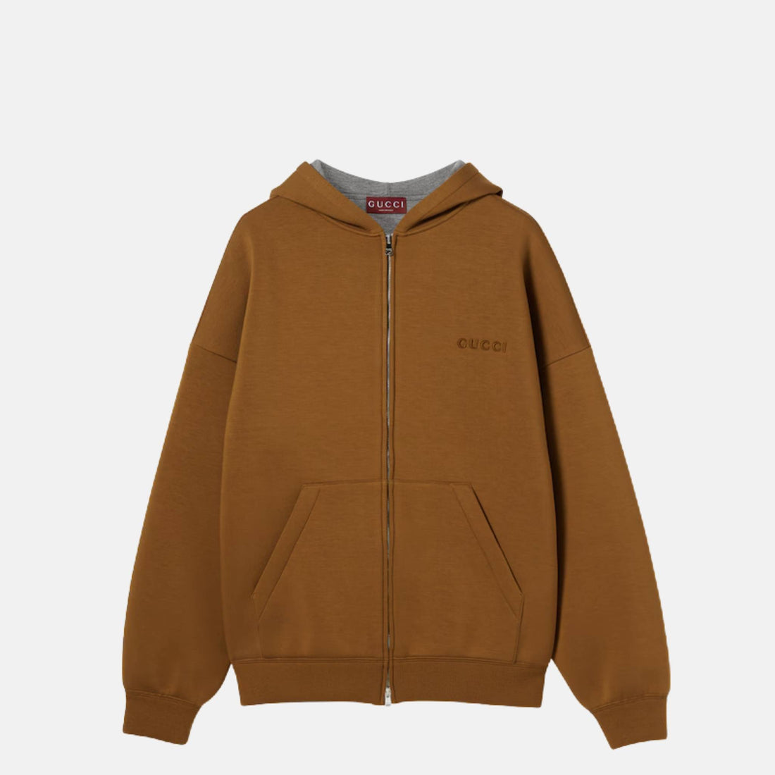 Gucci Embroidered Hooded Jersey Sweatshirt, Brown, Front