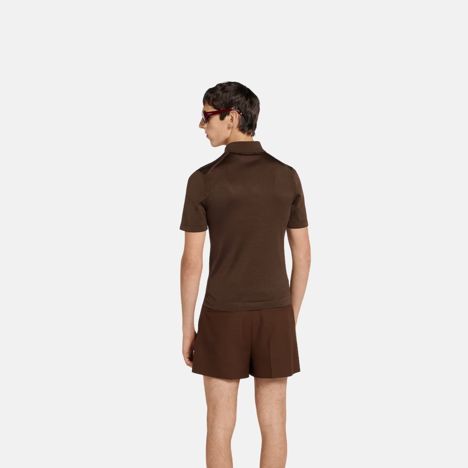 Gucci Fine Silk Knit Polo Top With Intarsia, Brown, Back