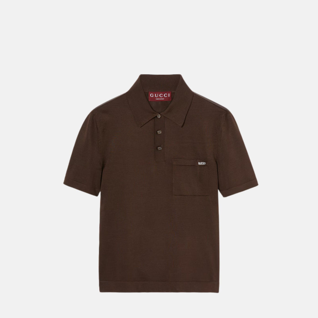 Gucci Fine Silk Knit Polo Top With Intarsia, Brown, Front