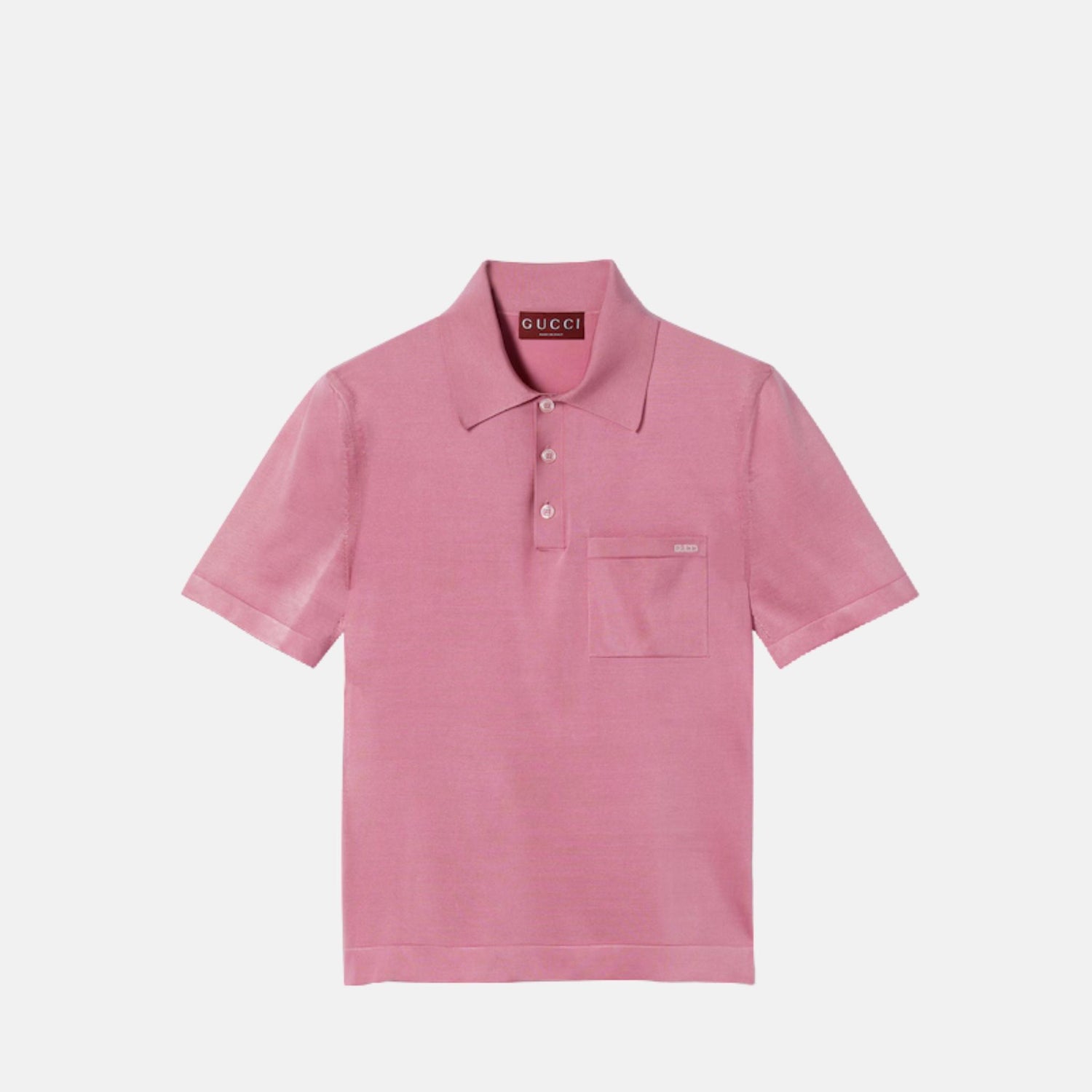 Gucci Fine Silk Knit Polo Top With Intarsia, Pink, Front