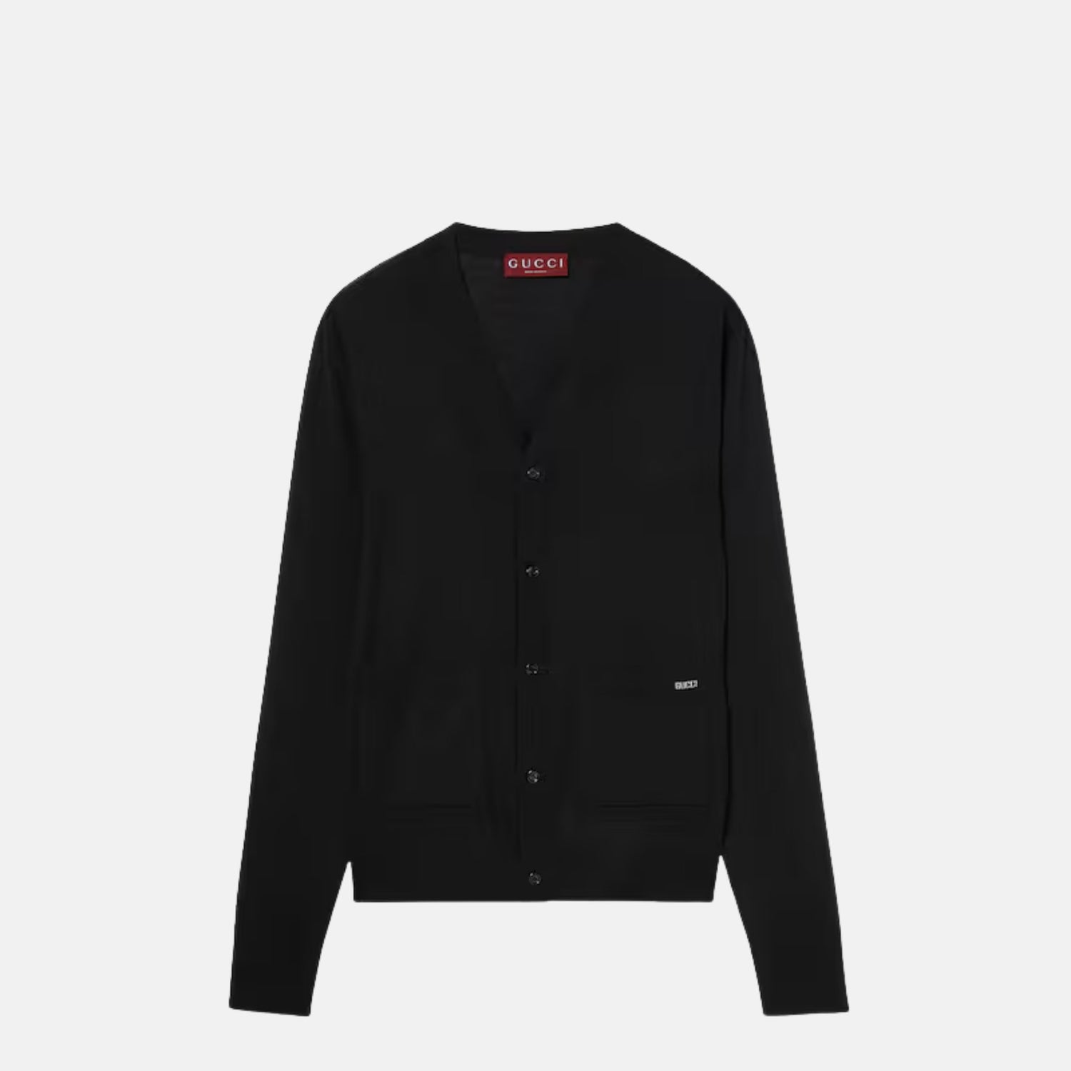 Gucci Fine Wool Knit Cardigan With Intarsia, Black, Front