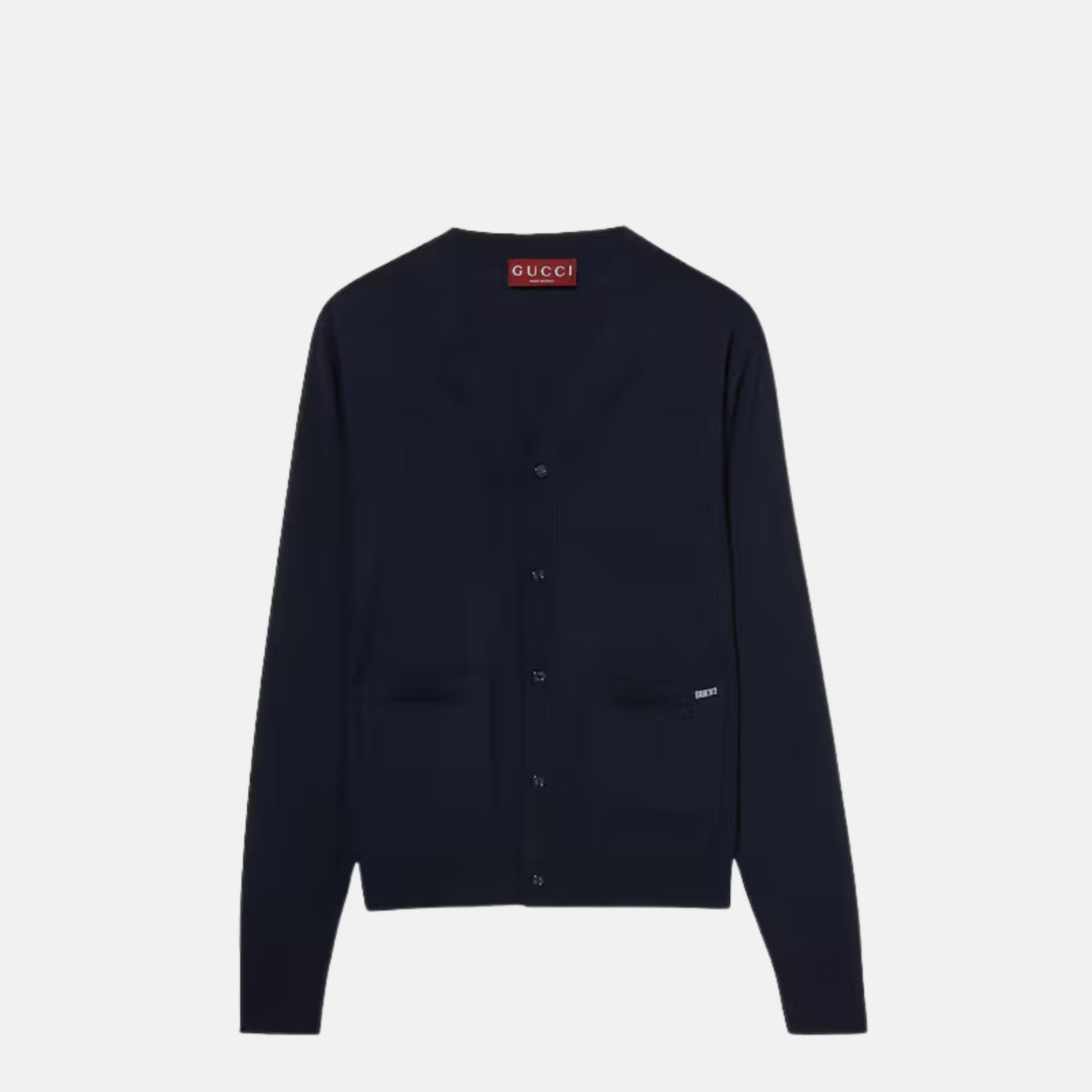 Gucci Fine Wool Knit Cardigan With Intarsia, Blue, Front