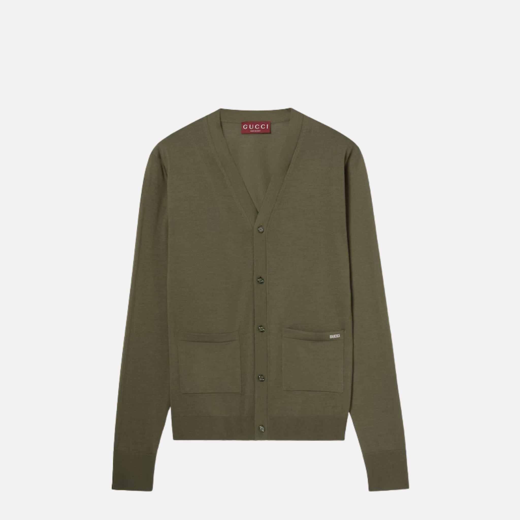 Gucci Fine Wool Knit Cardigan With Intarsia, Green, Front