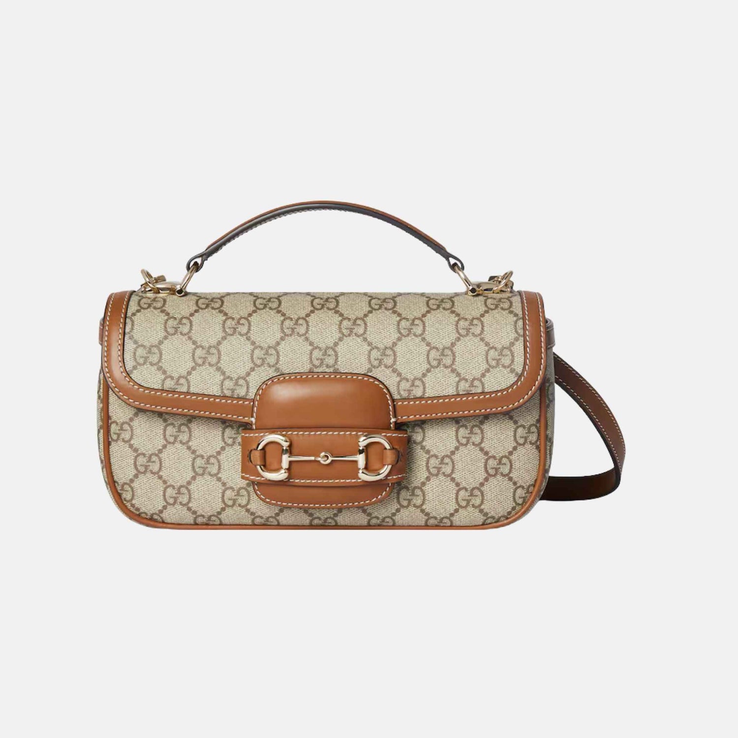 Gucci Horsebit 1955 Small Top Handle Bag In GG Coated Fabric, Brown, Front