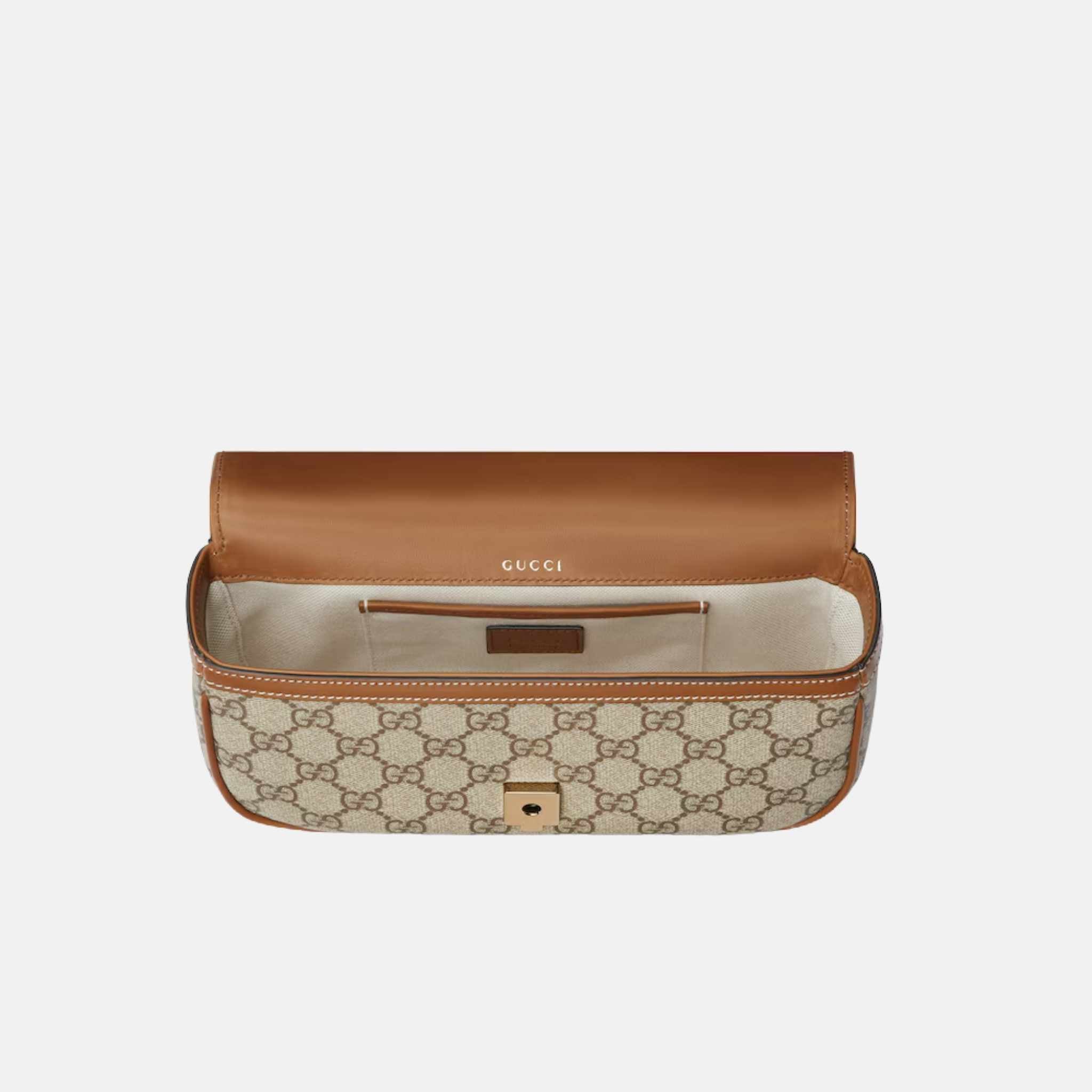 Gucci Horsebit 1955 Small Top Handle Bag In GG Coated Fabric, Brown, Inside