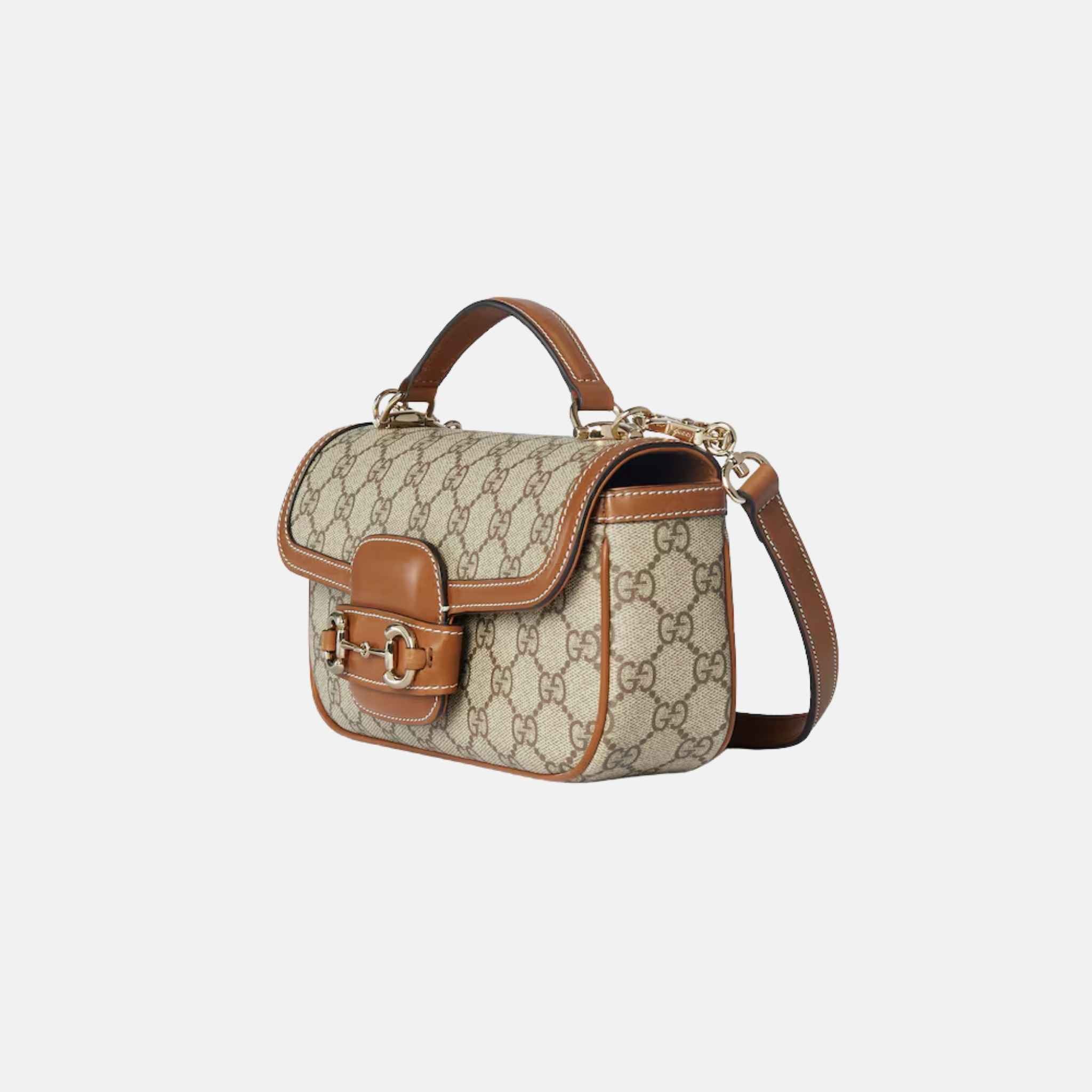 Gucci Horsebit 1955 Small Top Handle Bag In GG Coated Fabric, Brown, Side
