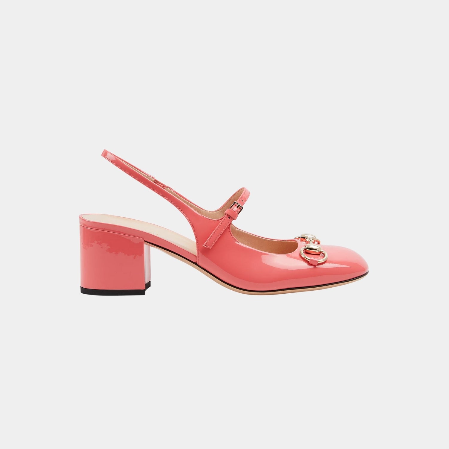 Gucci Horsebit Mid-Heel Patent Leather Pump, Bright Pink, Side
