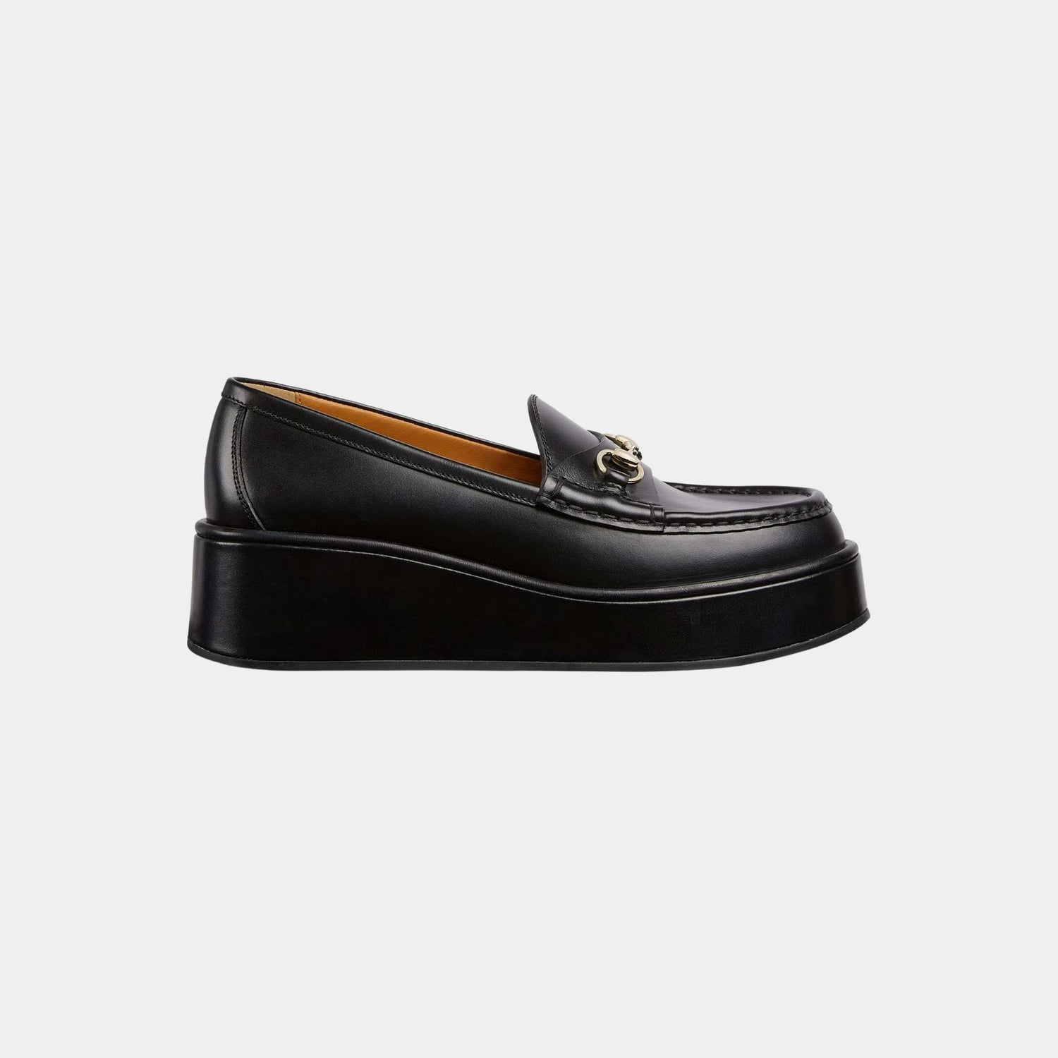 Gucci Horsebit Wedge Leather Loafer, Black, Side